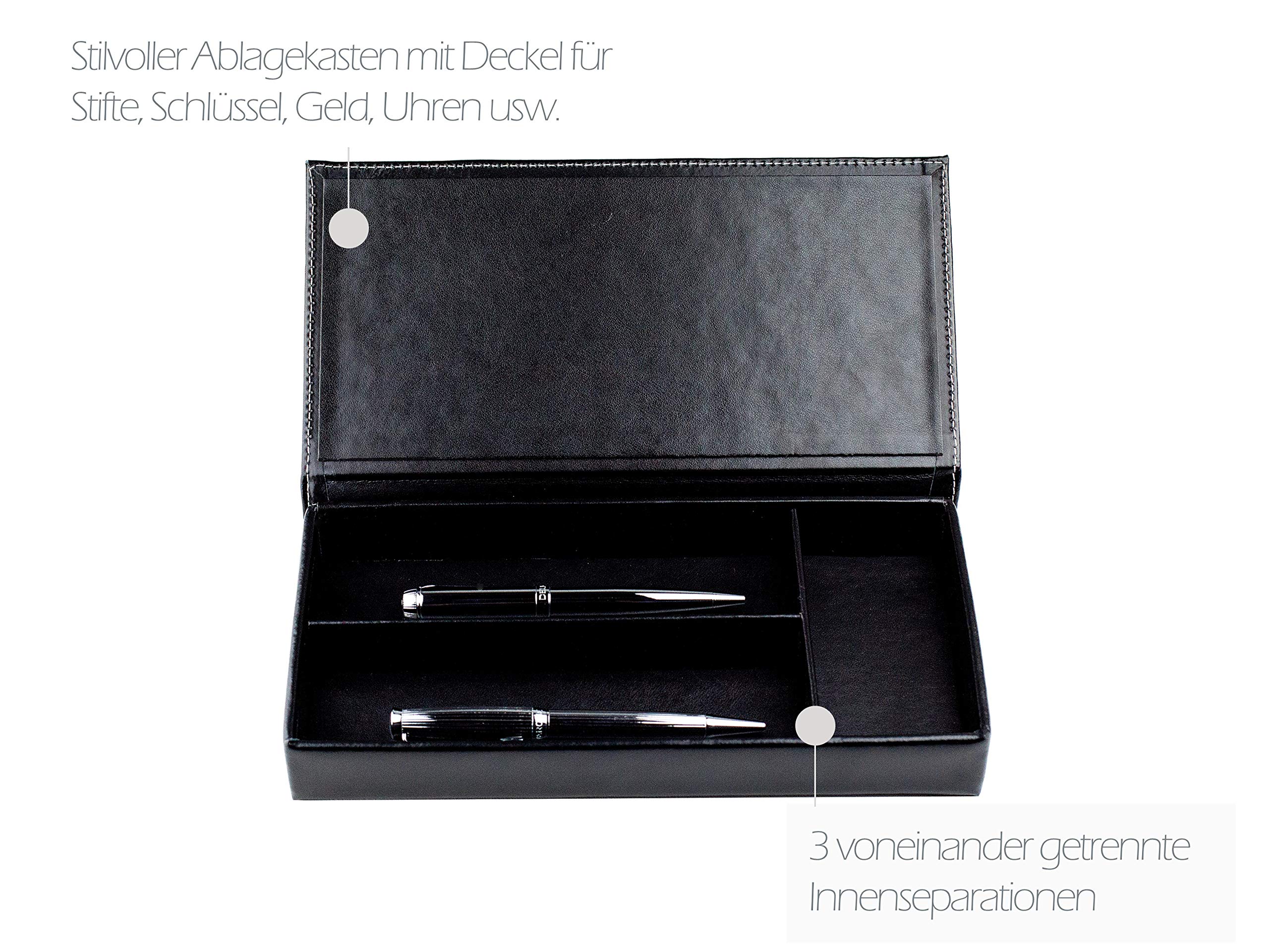 DELMON VARONE - Personalisierbarer Ablagekasten mit Deckel Premium Leder Cambridge schwarz - Stiftablage für Kugelschreiber, Füller & Schreibutensilien - Schreibgeräteetui mit 3 Fächer edel & elegant