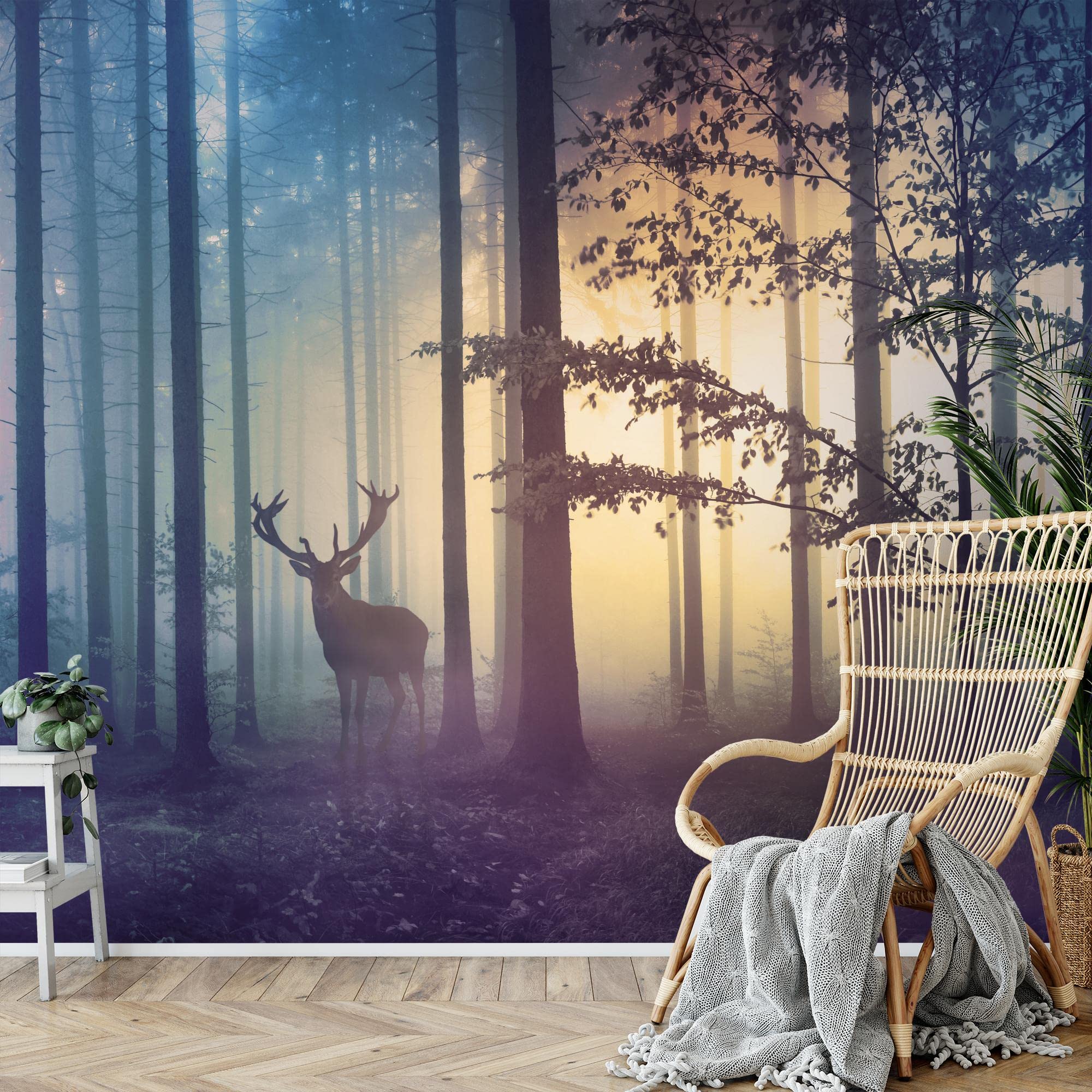 Runa Art Photo Wallpaper Wald Hirsch Fog 352 x 250 cm Non-Woven Wall Art XXL Moderne Living Room Bedroom Yellow Blue 9338011a - Image 2