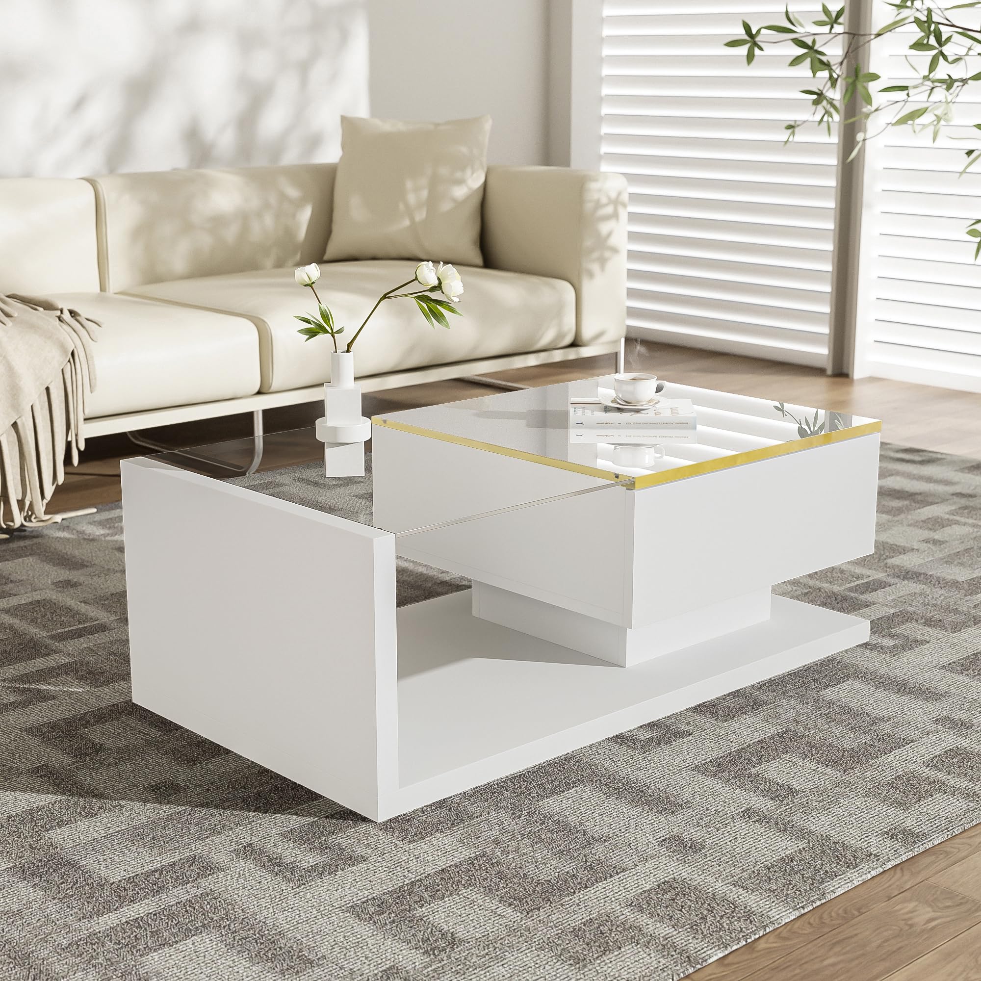 Table basse carrée 70 x 70 x 35 cm avec plateau en verre, 3 tiroirs, LED, table géométrique, en MDF, blanche | Leroy Merlin
