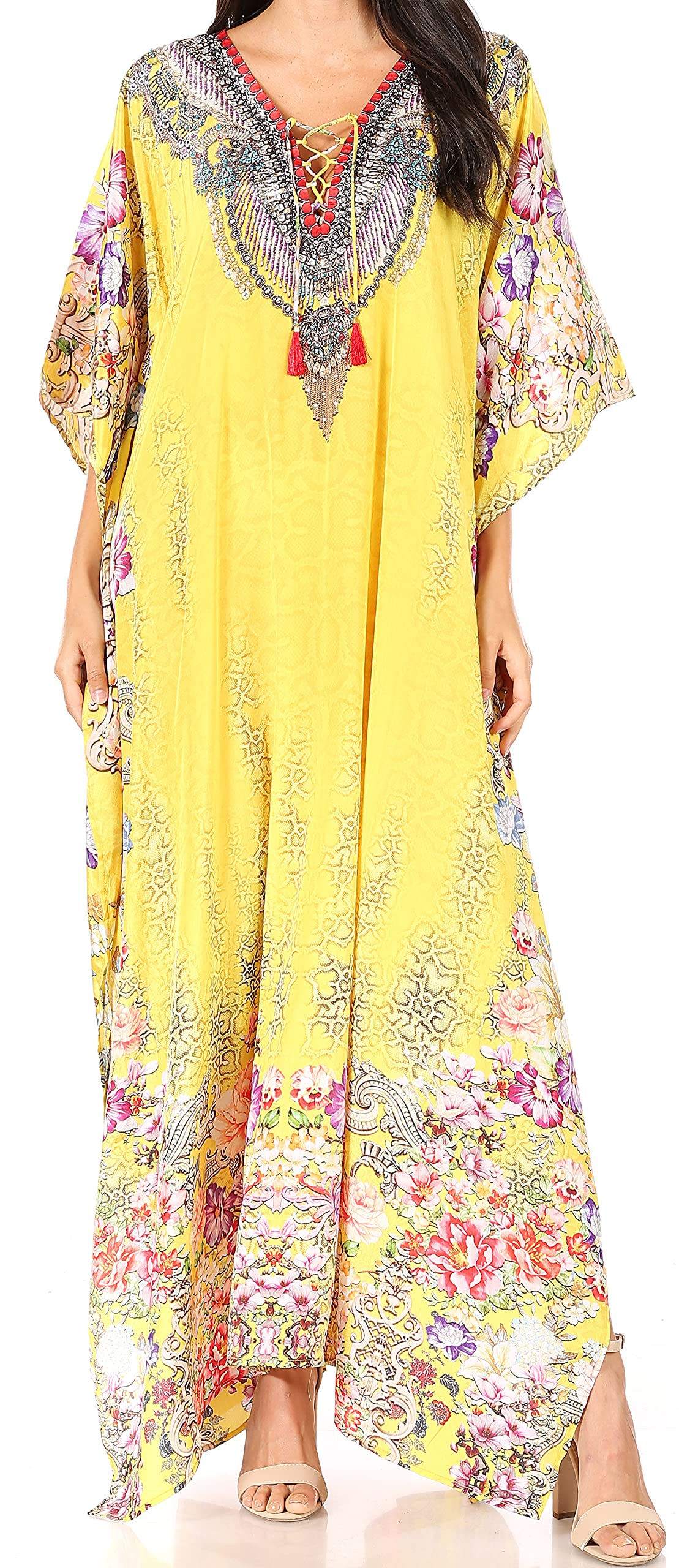 Sakkas Yeni Women's Short Sleeve V-Neck Summer Floral Long Caftan Dress Cover-up