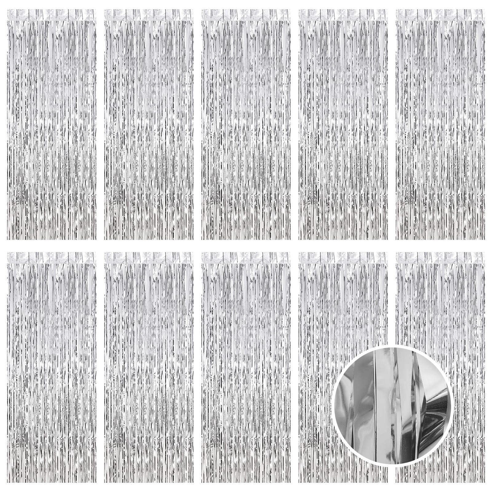 Ohiyoo 10 Pack 3.2ft x 9.8ft Silver Tinsel Curtain Foil Fringe Curtain Party Backdrop Tinsel Streamers Photo Booth Background for Birthday Party Holiday Decor, Silver