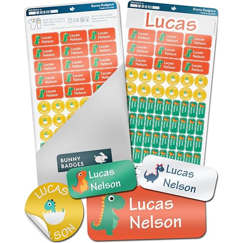 Personalized Daycare Name Labels for Kids (130 Labels) - Custom Waterproof Name Stickers for Clothing Tags, Water Bottles, Lunch Boxes and School Supplies (Dinosaurs)