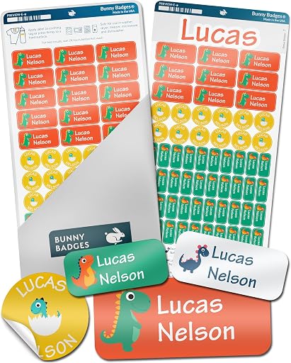 Bunny Badges Personalized Name Labels for Kids (70 Labels) - Custom Waterproof Name Stickers for Daycare, Clothing Tags, Water Bottles, Lunch Boxes and School Supplies (Dinosaurs)