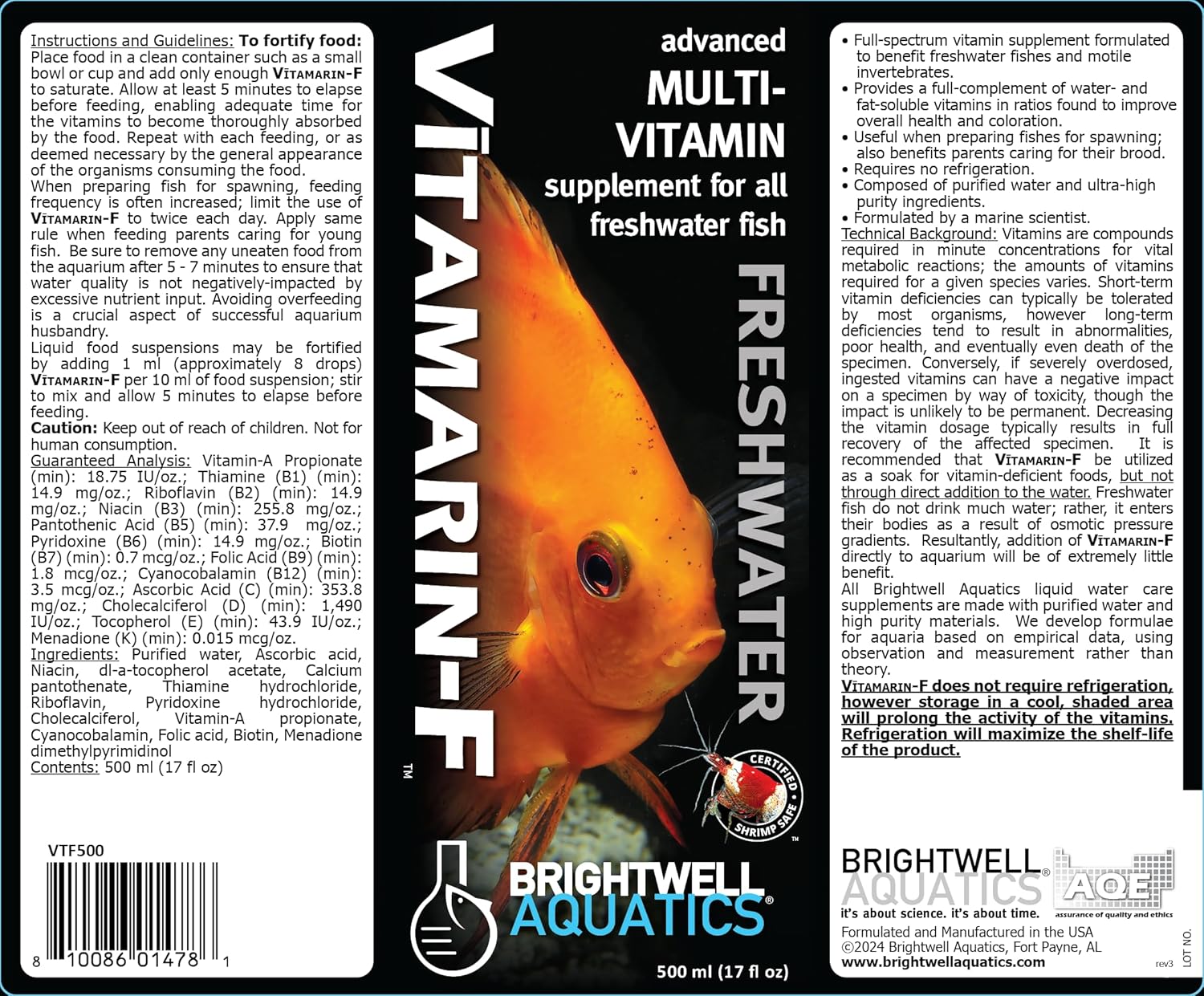 Brightwell Aquatics Vitamarin F - Advanced Multivitamin Supplement for Freshwater Fish 500-ml
