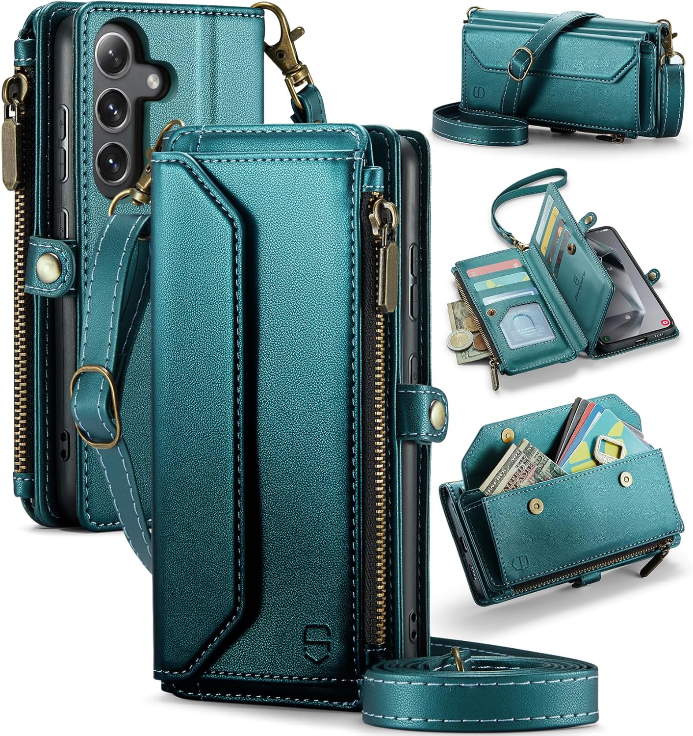 Wallet Case Compatible with Samsung Galaxy S25 Plus RFID Blocking Card Holder Soft PU Leather Magnetic Snap Strap Zipper Pocket Phone Case Fit for Galaxy S25+/ S25 Plus - Blue Green