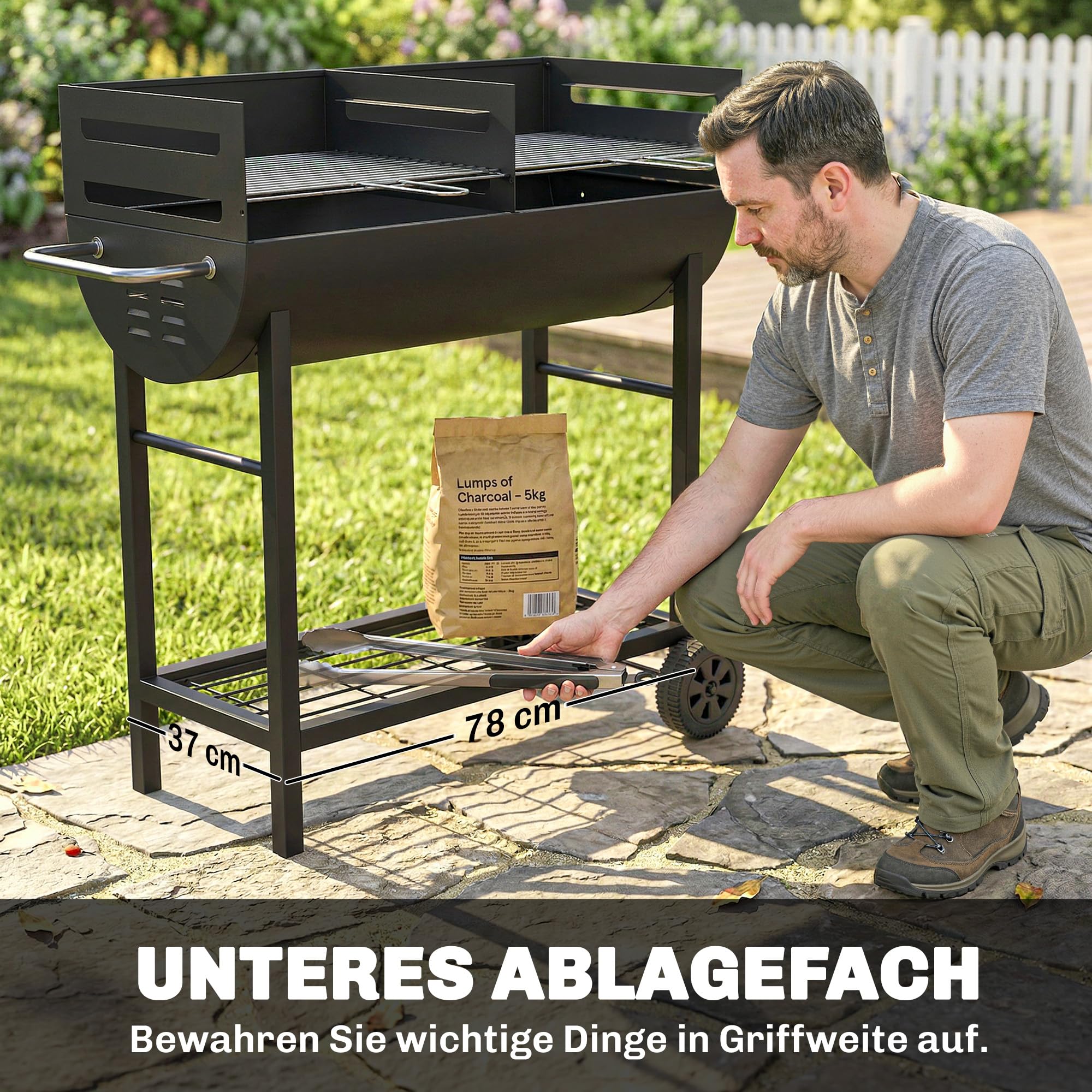 Outsunny Barbecue à charbon de bois avec chariot de barbecue à 2 zones de cuisson, grille réglable en hauteur, étagère en bois, roues, poignée latérale, barbecue à charbon de bois portable pour