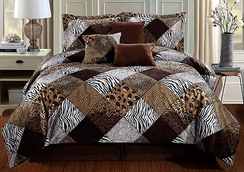 GrandLinen - Juego de edredón safari con estampado de animales, color café, negro y blanco Ropa de cama de terciopelo con estampado de leopardo,