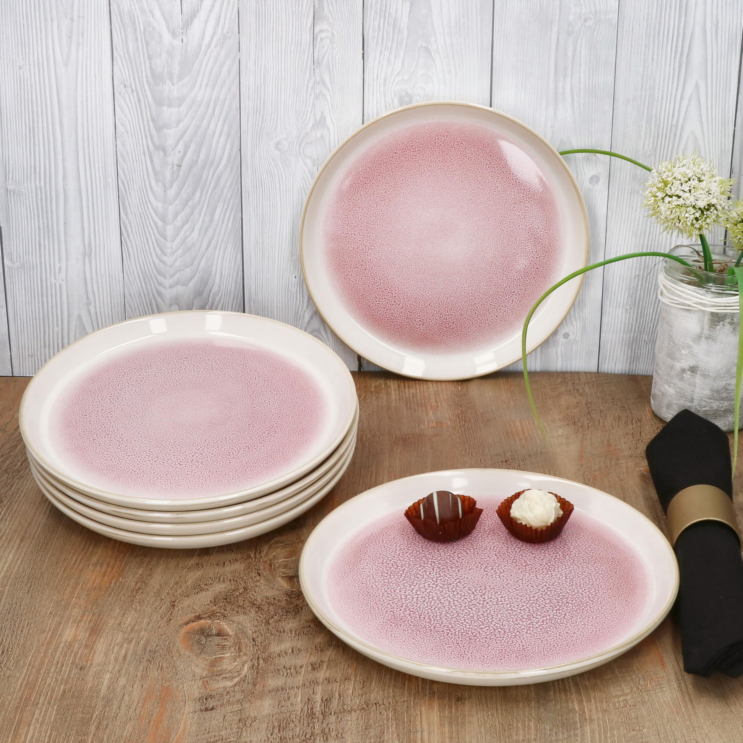 MamboCat Reactive Glaze Paris zestaw 6 talerzy do ciasta, kremowe i różowe, talerze śniadaniowe z kamionki, dla 6 osób, małe talerze do sałatek, deserów itp.