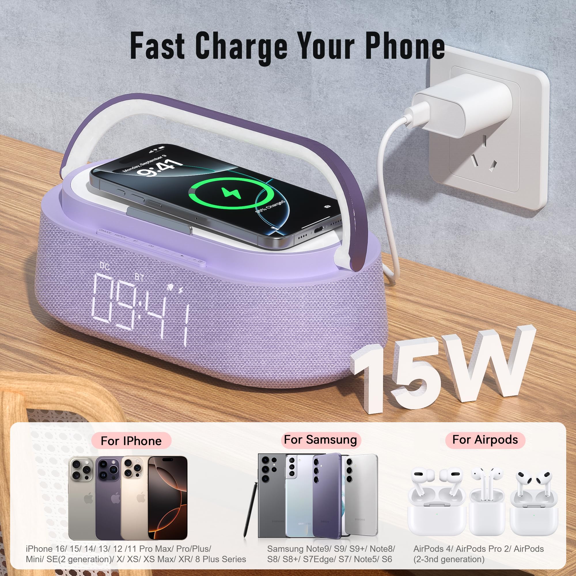 FREEFISH 6-in-1 Multifunktionaler Wecker mit Bluetooth-Lautsprecher, kabellosem Ladegerät, Nachtlicht und Telefonhalter