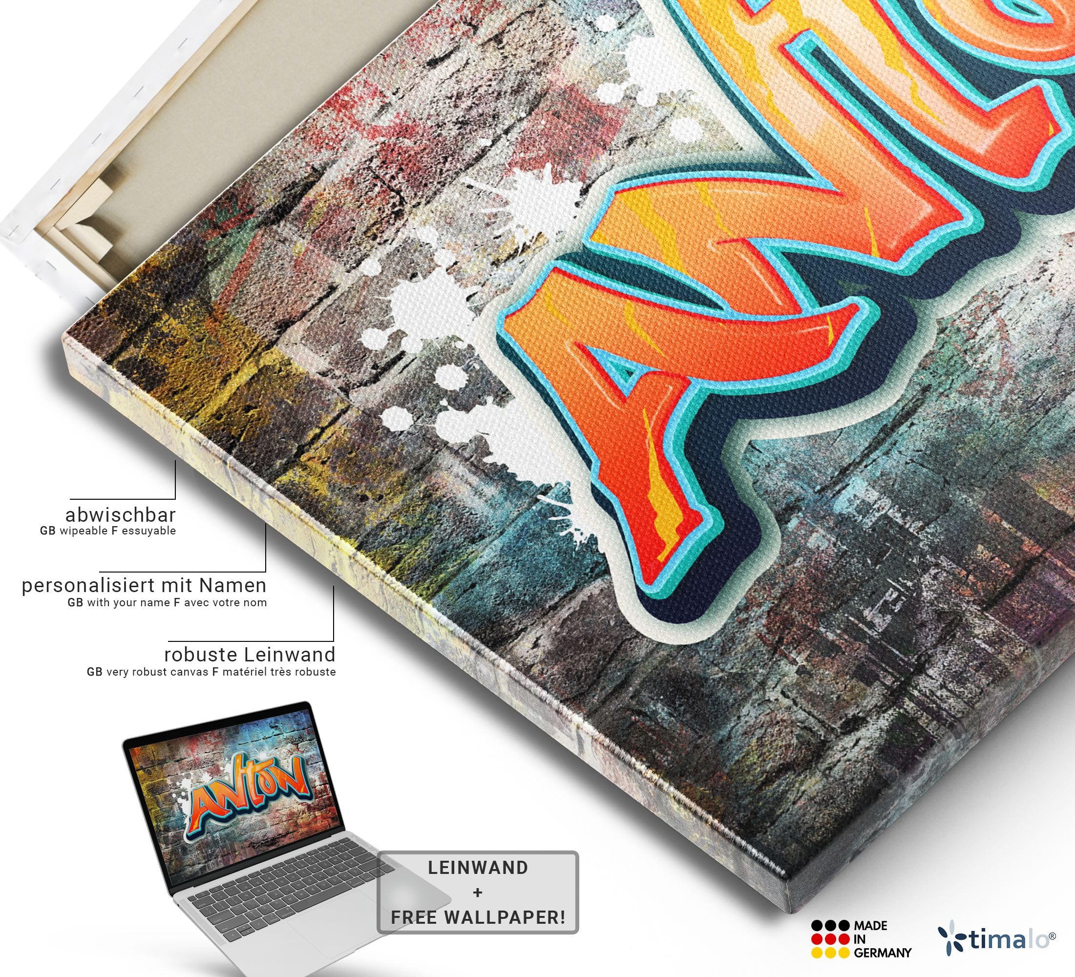 timalo® Kinderzimmer Leinwandbilder personalisiert mit Namen | Bild auf Leinwand Kinder Bilder für die Wand Wandbild xxl Bild fürs Teenager Jungenzimmer | 80 x 50 cm Graffiti Jungen Mauer