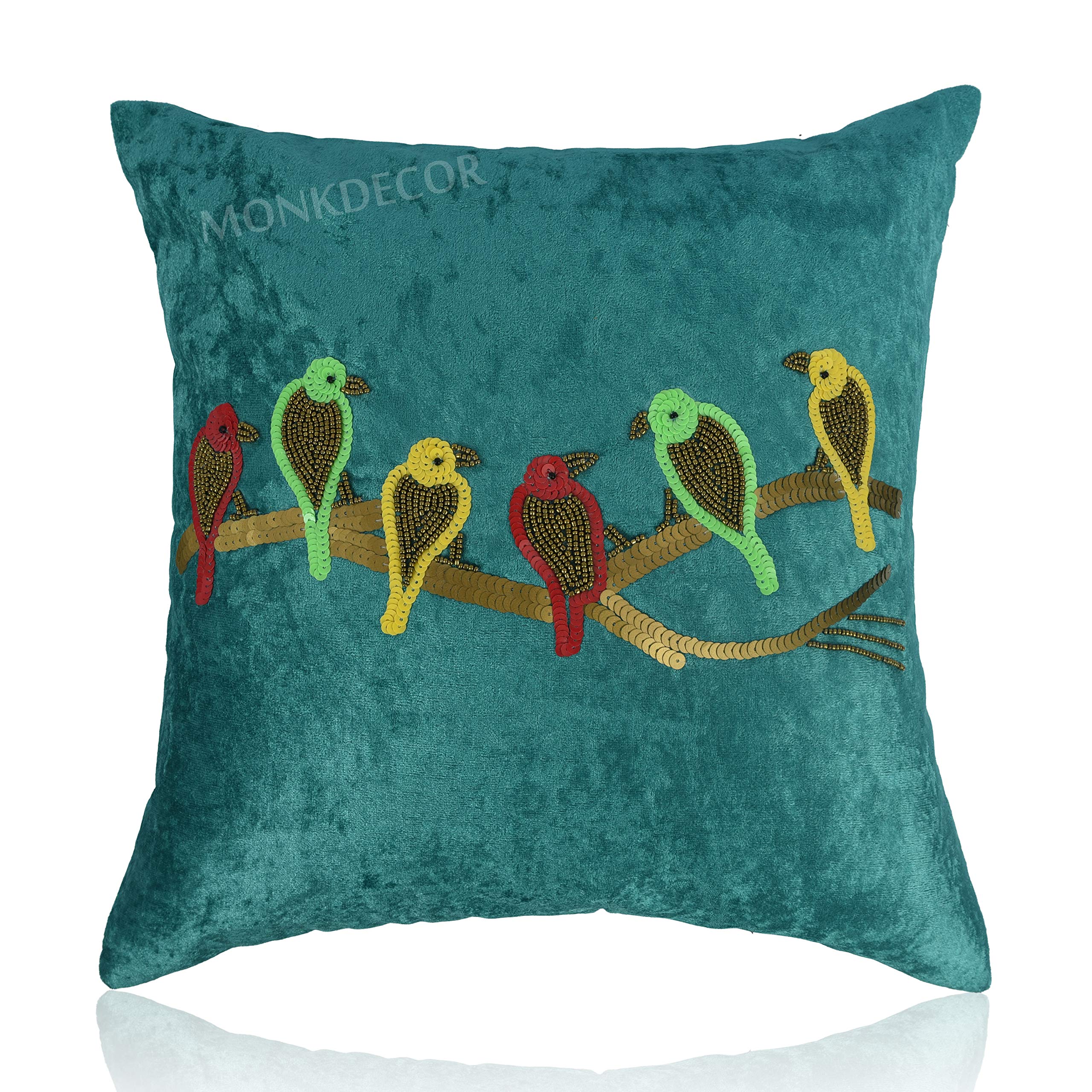 MONKDECOR Hand Work Bird Design Velvet Cushion Cover (Size- 12x12 Inches) (Set of 1 Piece)- Bottle Green