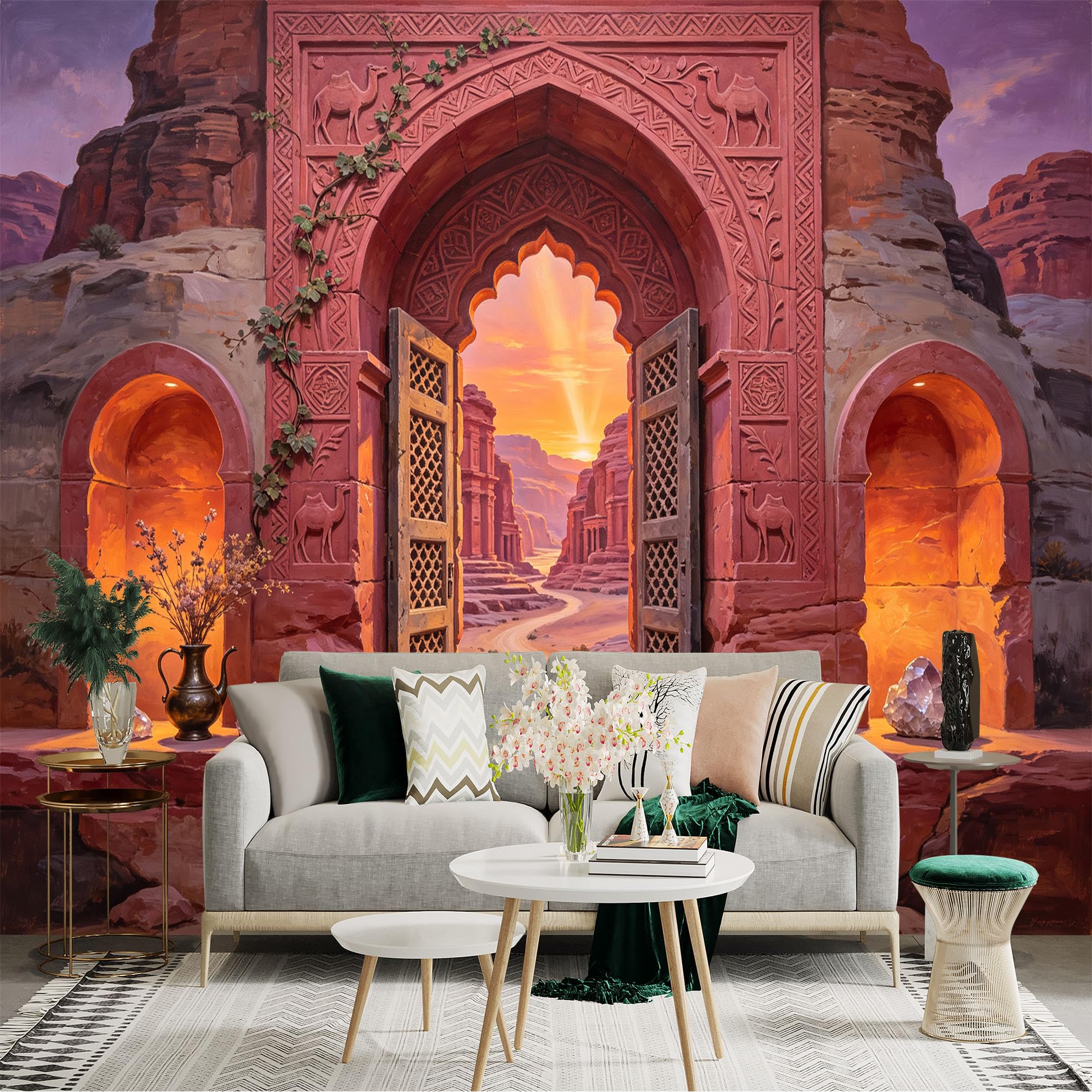 Custom Size Wall Sticker Mural， Desert Canyon Archway， Ancient Stone Gate， Sunset Pathway Landscape， for wall Decoration， peelandstick wall Decals.