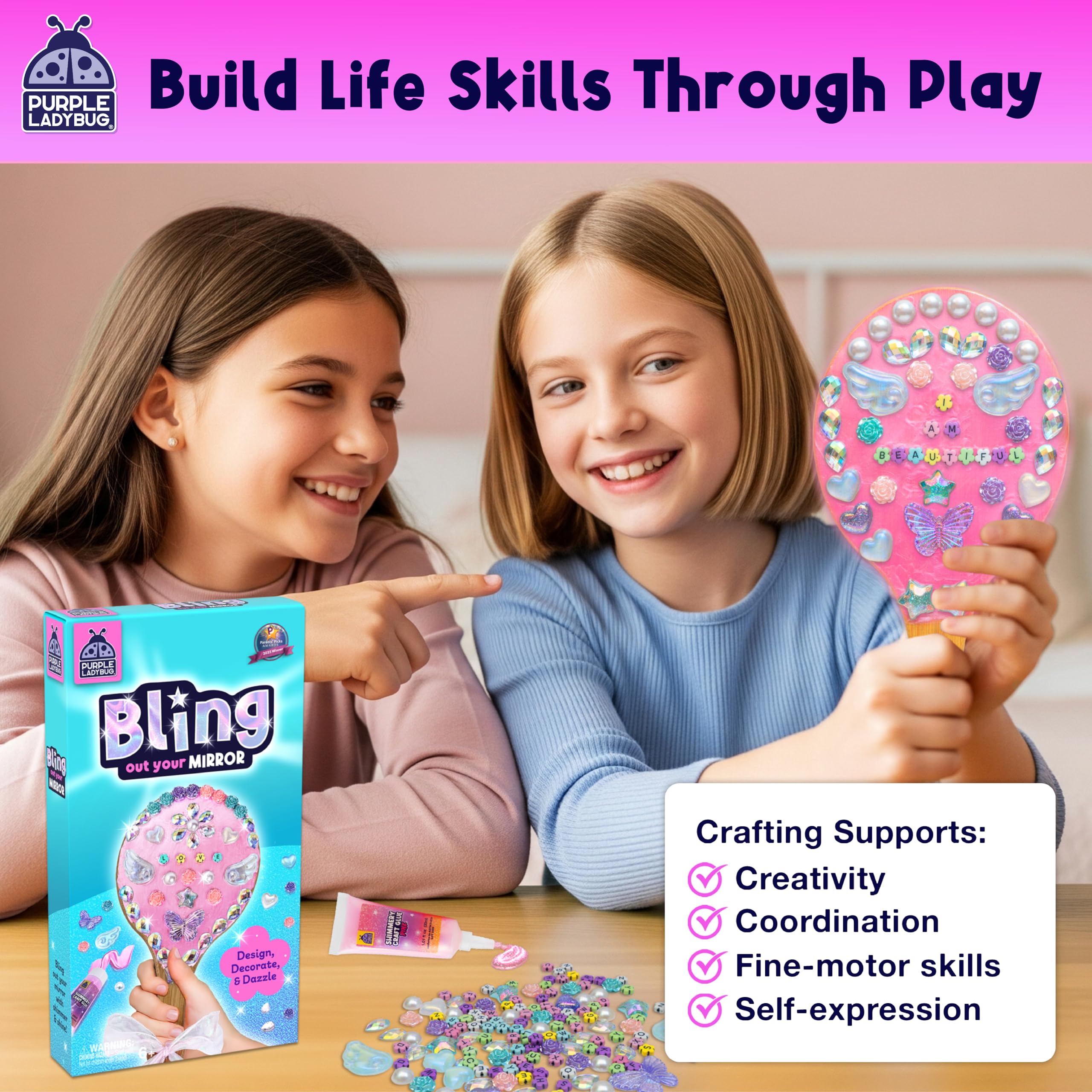 Bling Out Your Mirror Craft Kit for Girls - Decorate Your Own Craft Set with Wooden Handheld Mirror, Gems, & Beads, Girl Christmas & Birthday Gift for 5-12 Years Old, Fun Crafts for Girls Ages 4-12