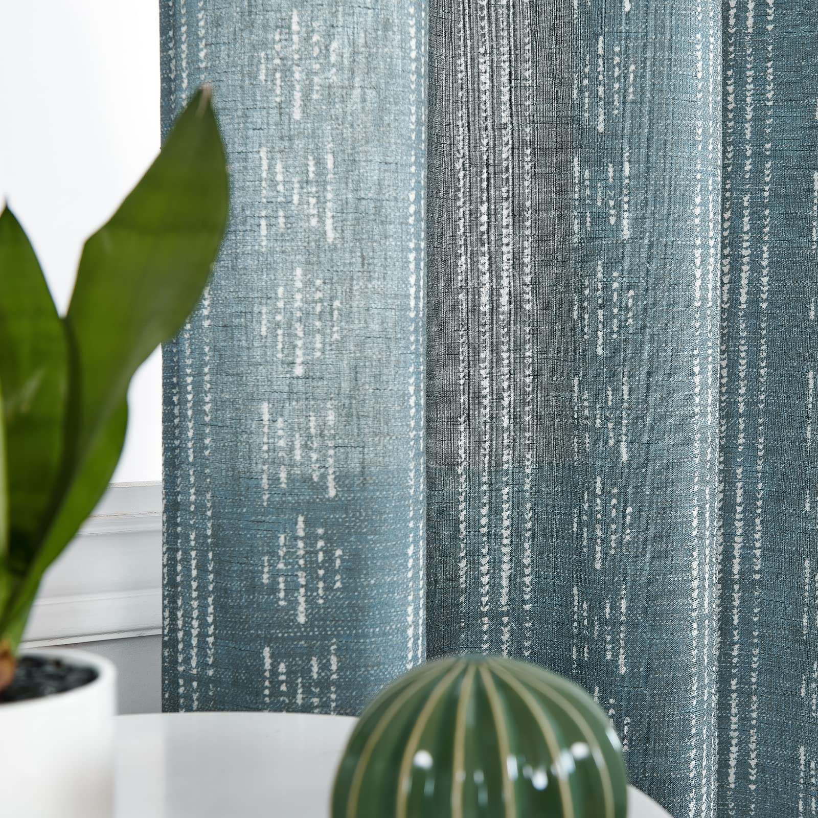 jinchan Boho Curtains Linen Curtains for Living Room Blue Farmhouse Curtains 84 Inch Length Geometric Striped Mudcloth Light Filtering Bedroom Window Grommet Country Curtains 2 Panels Blue on Beige