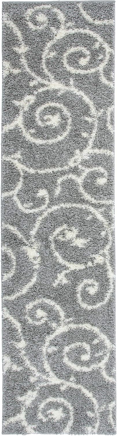 Cozy Contemporary Scroll L.Grey-White 2' X 7'2" Indoor Shag Area Rug Runner