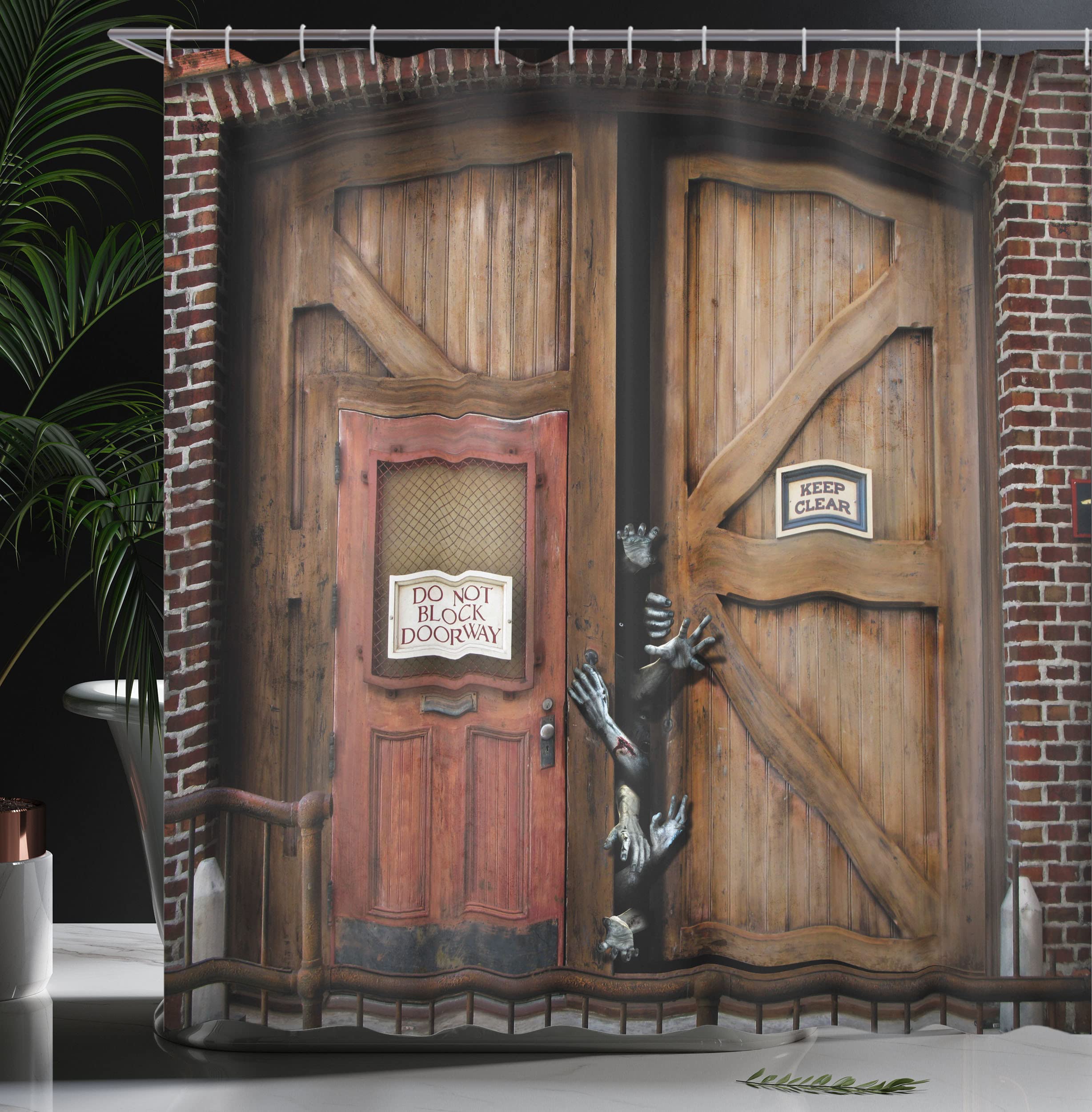 ABAKUHAUS Zombie Shower Curtain, Monsters Behind Wooden Door Demon Halloween Holiday Fear Fantasy Picture - Image 3