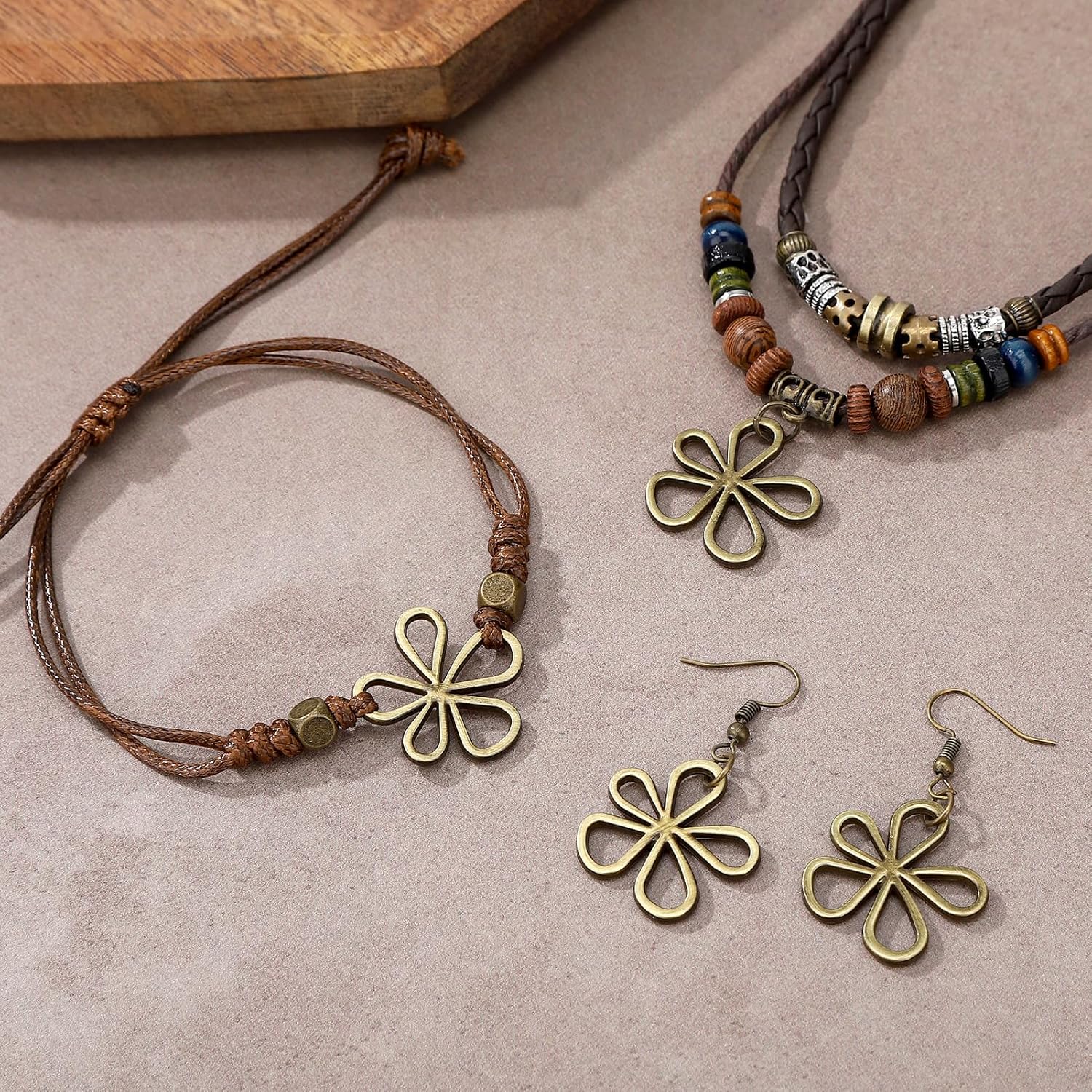 JATEBI Bohemian Necklaces for Women, Multi-Layer Wood Bead Necklace Bracelet with Hollow Flower Earrings, Retro Necklaces and Earrings Jewelry Set for Men Women - Image 7