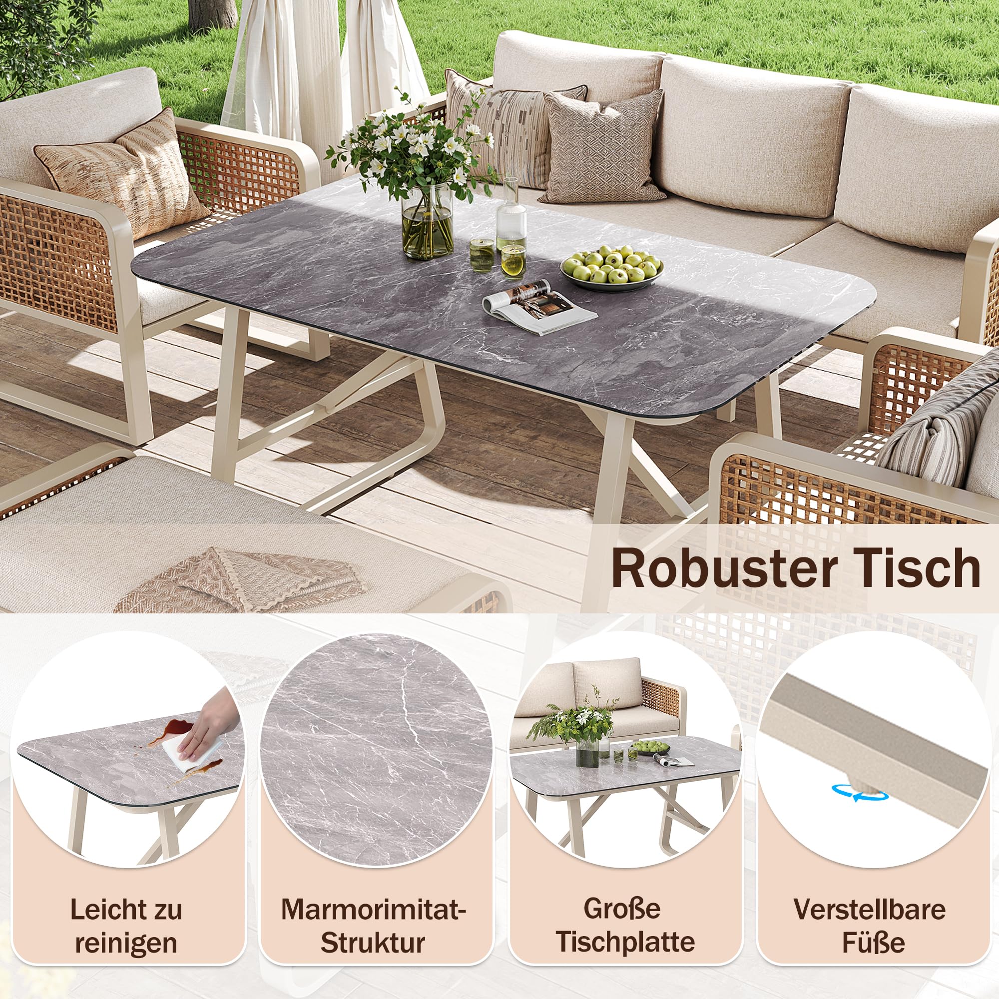 Merax Gartenmöbel Set 6-7 Personen, Gartenlounge Lounge Set aus Metallrahmen & PE-Rattan, Balkonmöbel Outdoor Sitzgruppe mit Tisch & Kissen, Kombinierbar Gartensofa-Set, Wetterfest für Terrasse, Beige