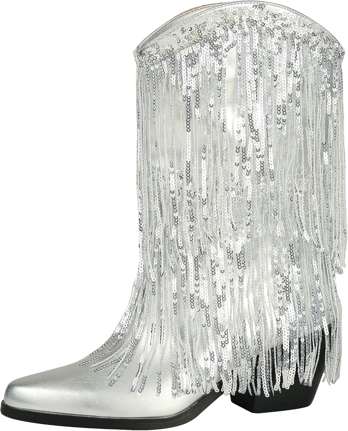 HiColor women's leather-like thick-heeled western pointed booties Black tassels & sequins decorated fashionable boots