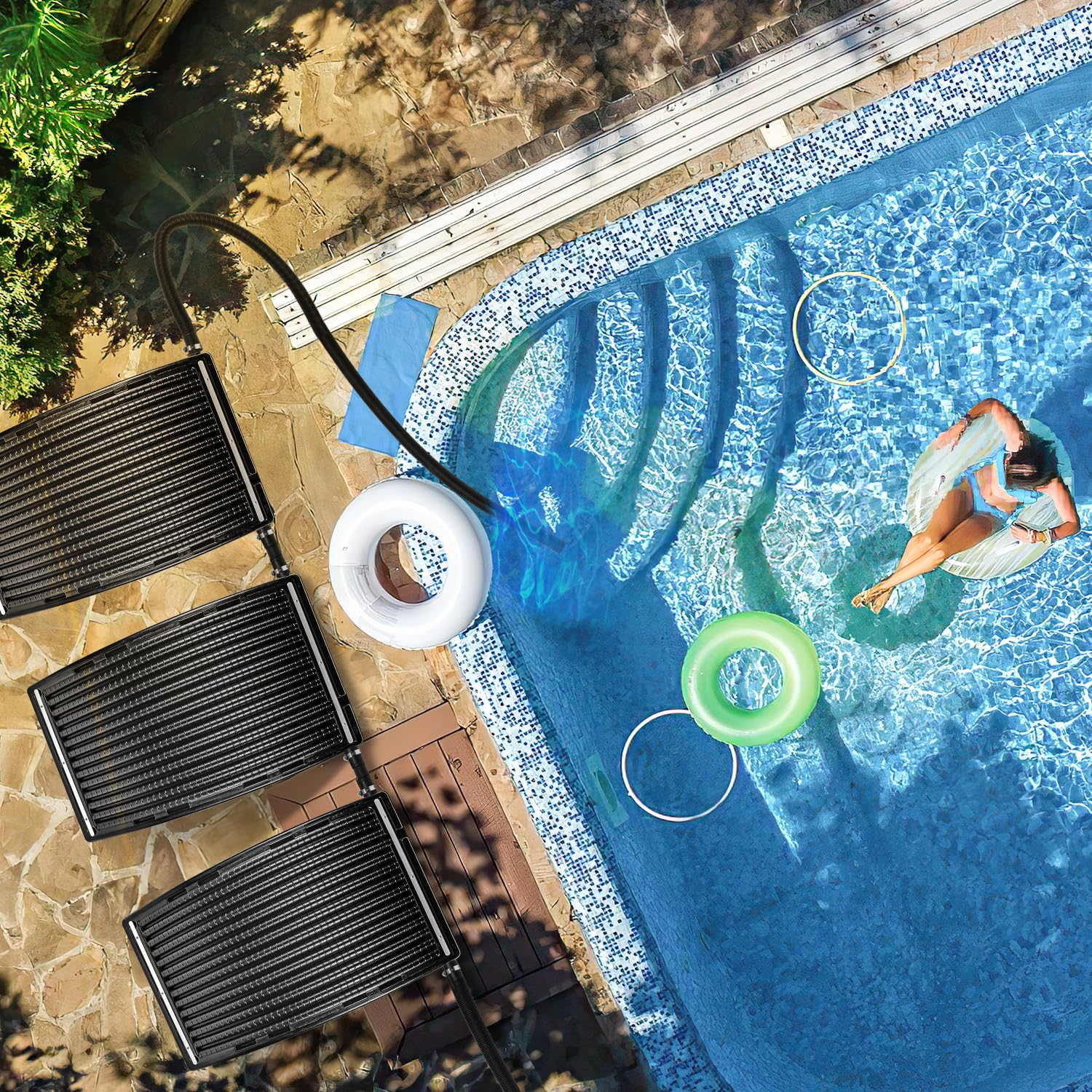 Herrselsam Calefacción solar para piscina 3 juegos, calefacción solar piscina 113 x 69 x 35 cm, panel solar conexión de piscina Ø 32 – 40 mm, altura regulable piscina calentadores solares para piscina