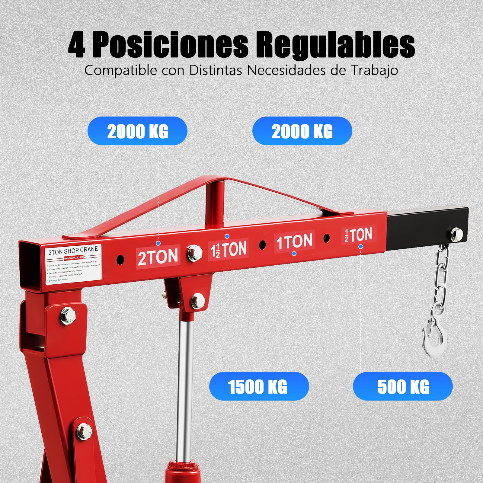 Grúa de taller plegable con 4 posiciones ajustables, 2000 kg, elevador de motor de acero al carbono, 6 ruedas giratorias de hierro, distancia máxima de gancho de 210 cm desde el suelo, color