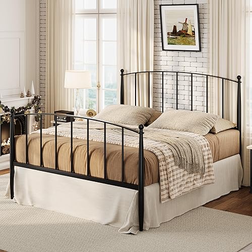 SHA CERLIN Base de cama tamaño Queen, plataforma de metal con cabecera y estribo de estilo victoriano, fácil montaje, no necesita somier, color negro