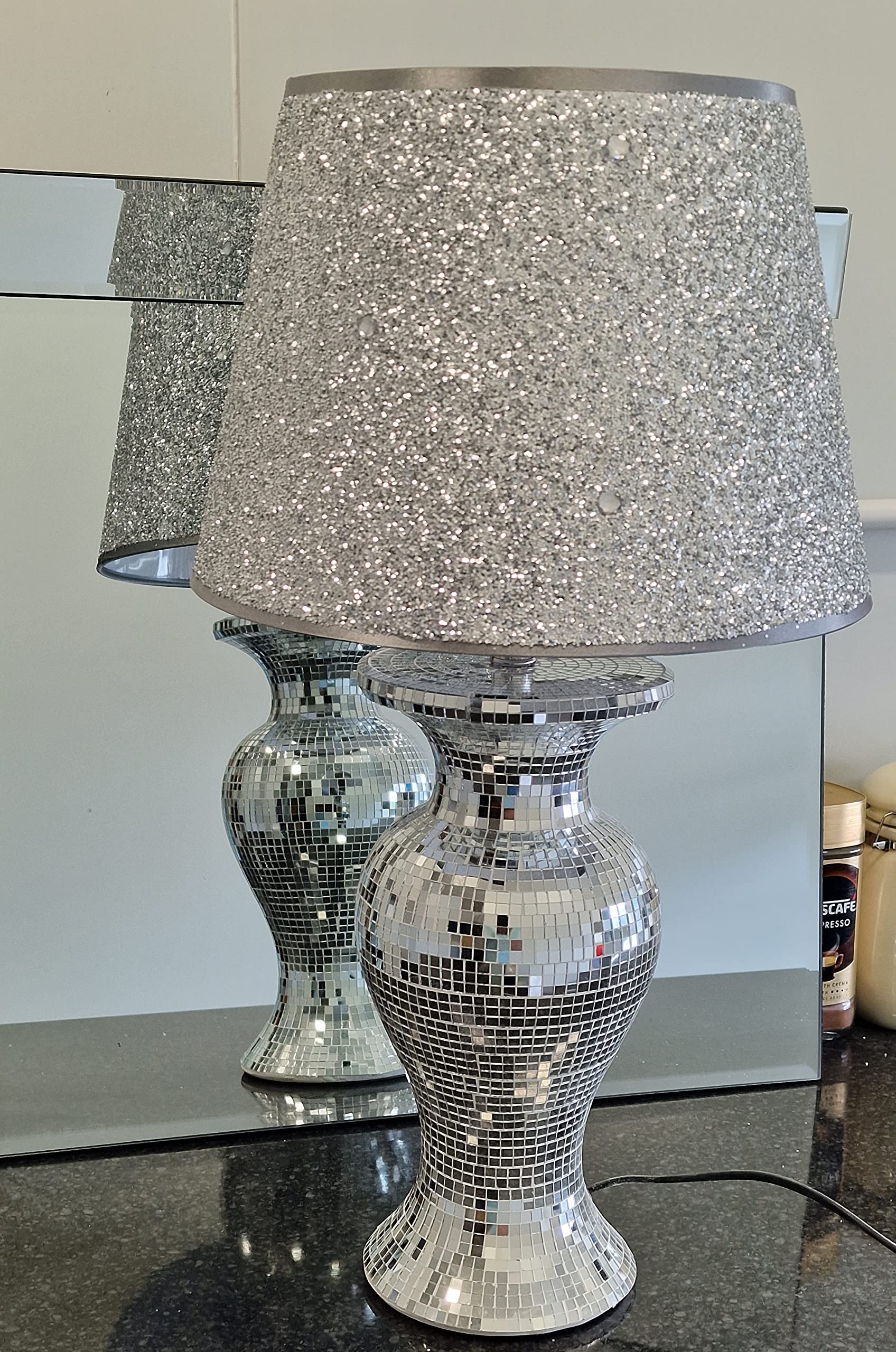 B&Q -  Crushed Diamond Table Lamp Box Mirror Base Mirrored Crystal Tall Silver Shade Glitz