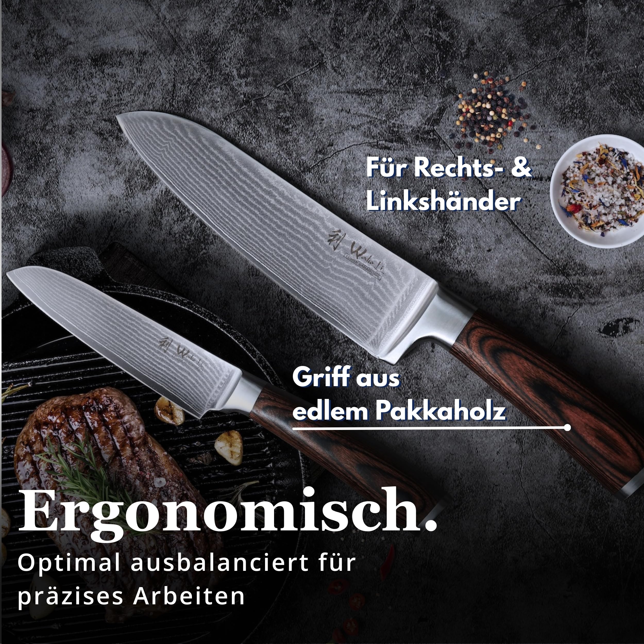 Wakoli EDIB 2-teiliges Küchenmesser Set aus echtem Damaststahl (VG10 Kern) in edler Geschenkbox – mit 2x Santoku Messer – Scharfe Damastmesser im Damastmesser Set mit ergonomischen Pakkaholzgriffen