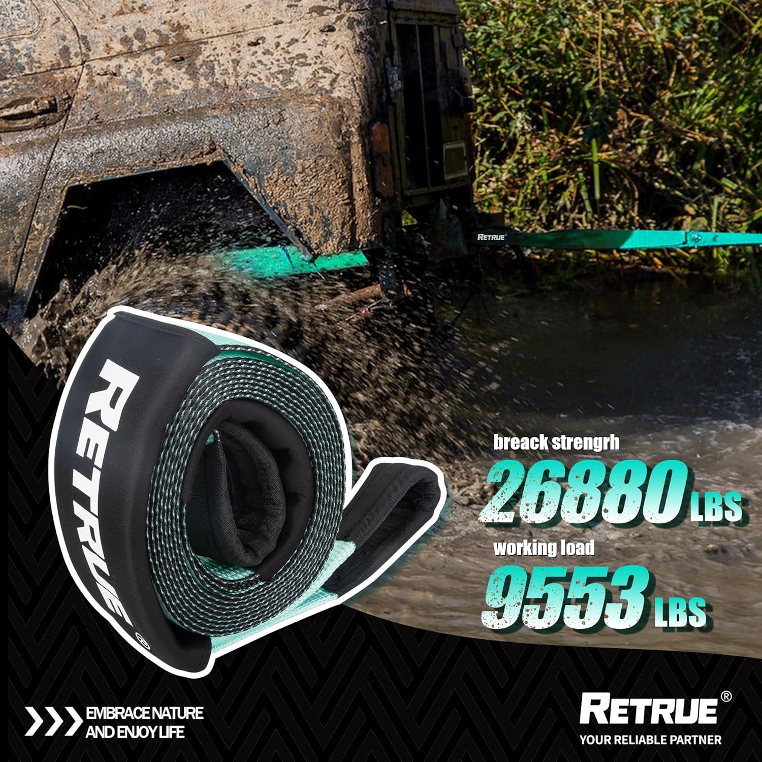 RETRUE Tow Strap with Reinforced Loops 26880 lbs Break Strength,Vehicle Recovery Rope 4in x 20ft Use for Emergency Towing Straps for SUV, UTV, ATV, Truck