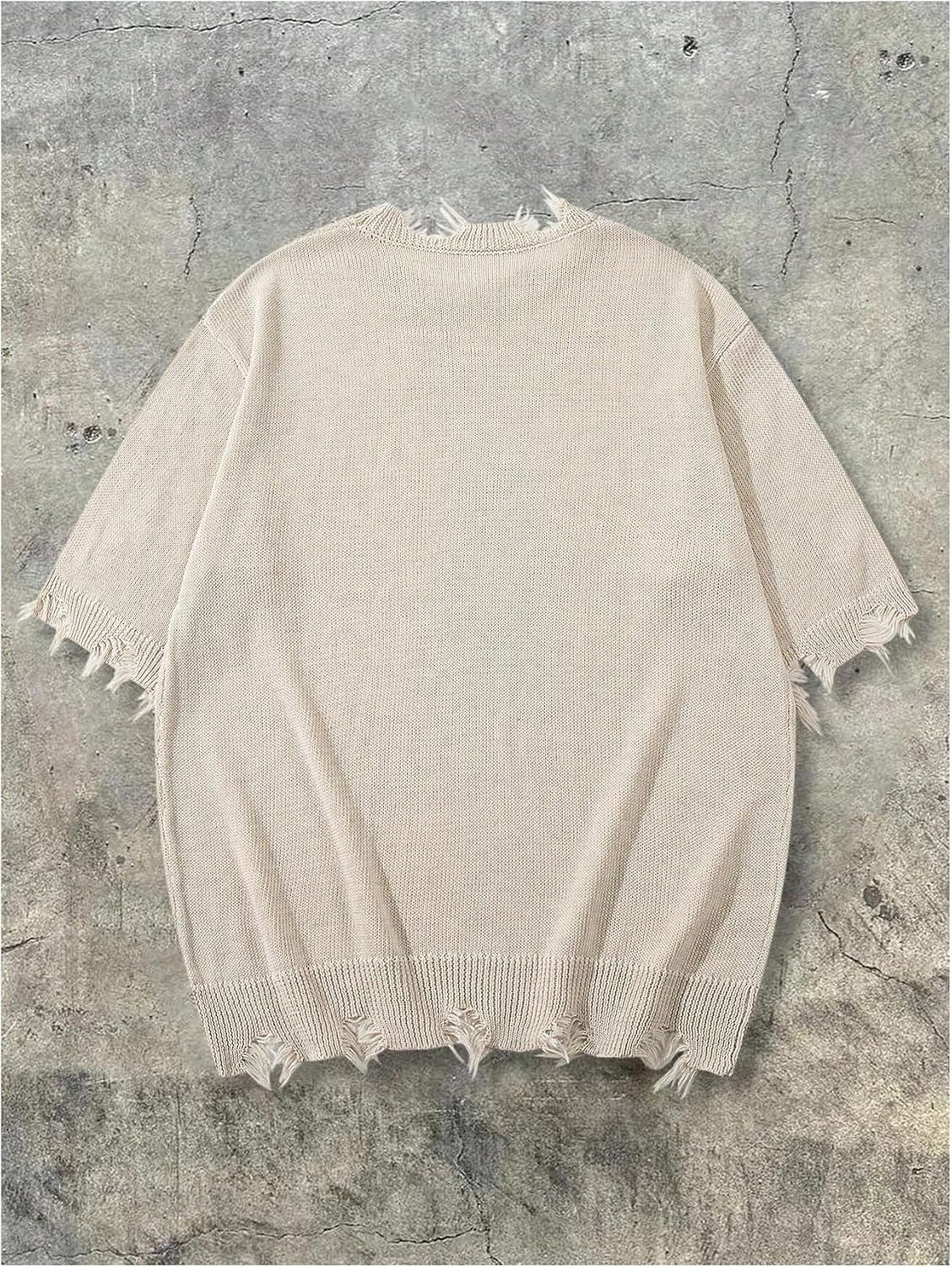 SOLY HUX Men's Short Sleeve Knit Tops Ripped Crew Neck Drop Shoulder Pullover Casual Sweater Top