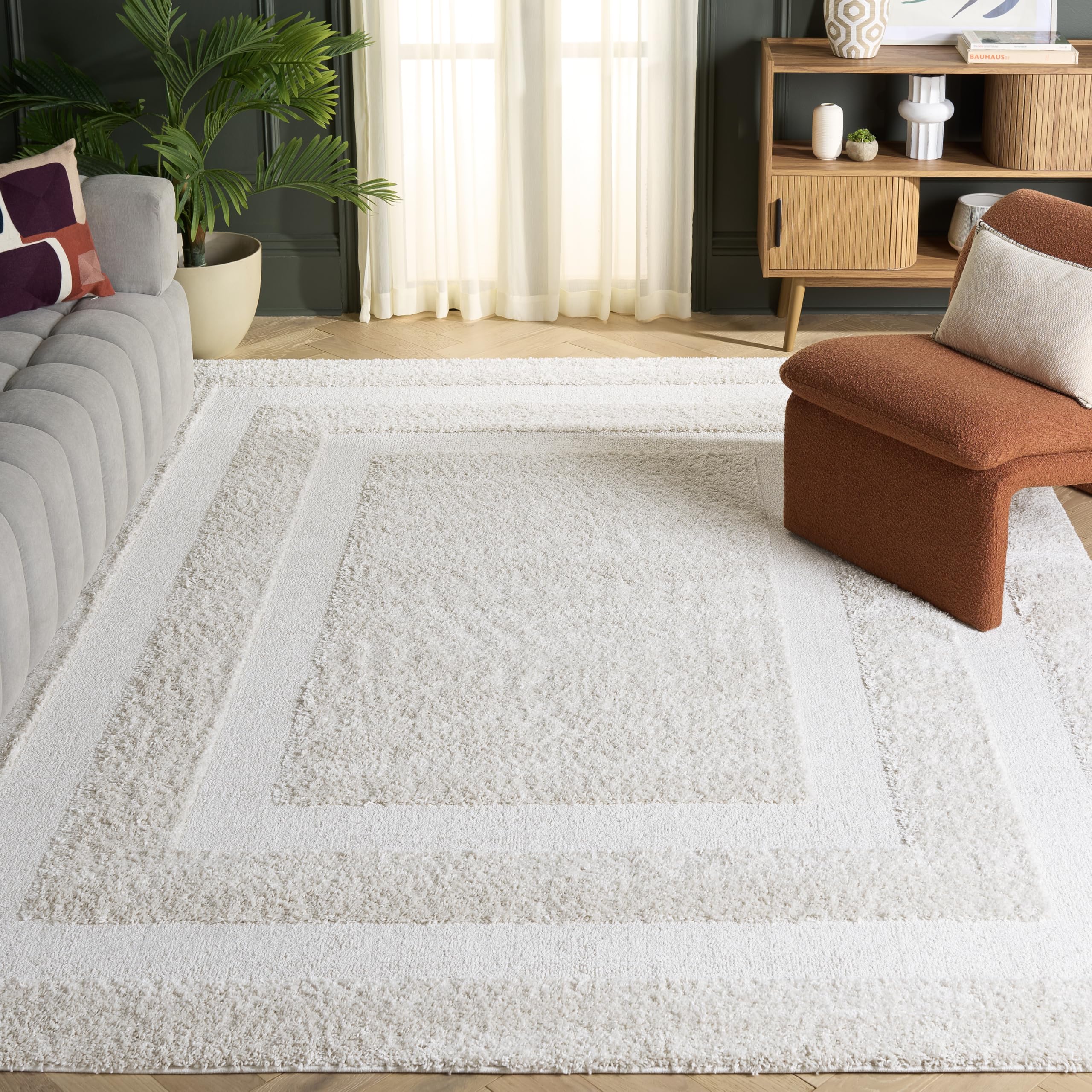 SAFAVIEH Florida Shag Collection Area Rug - 9'6" x 13', Creme & Creme, Border Design, Non-Shedding & Easy Care, 1.2-inch Thick Ideal for High Traffic