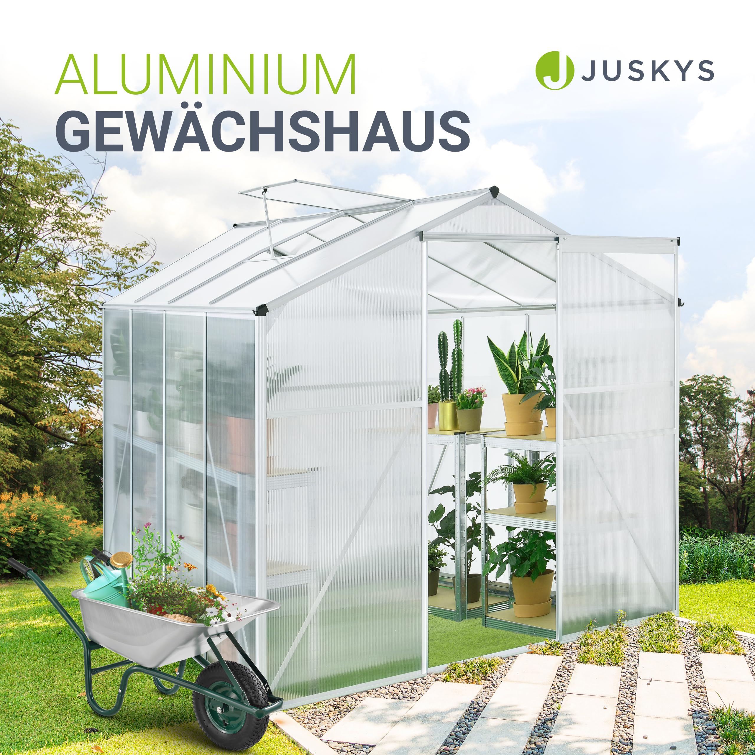 JUSKYS® Aluminium Gewächshaus mit Fundament 4,75 qm - 190 × 253 cm - 1 Dachfenster & Schiebetür - 4 mm Platten - Garten Treibhaus Pflanzenhaus