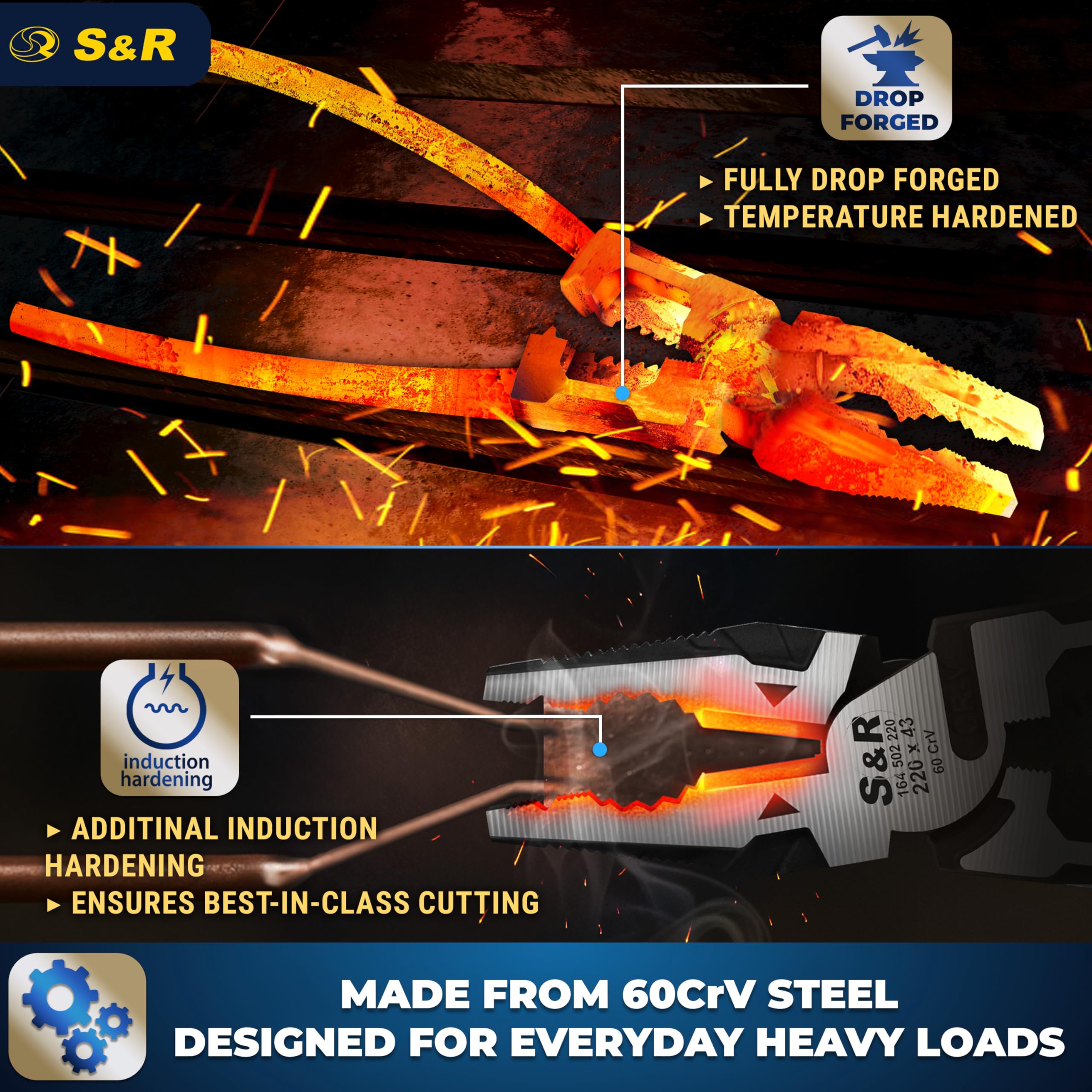 S&R Szczypce kombinowane 220mm izolowane VDE 1000V, szczypce elektryczne ze stali 60CrV kutej w matrycy, szczypce uniwersalne profesjonalne do drutu miedzianego i aluminiowego AWG10-18