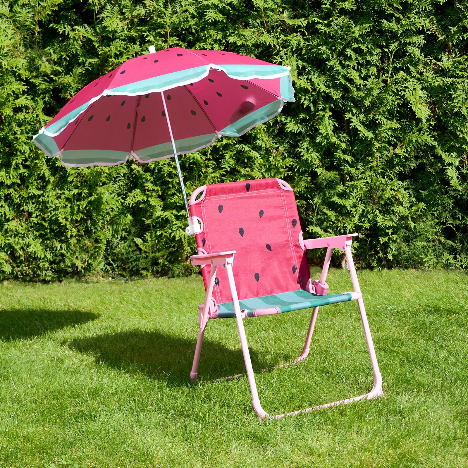OHS Kids Camping Chair Watermelon Print, Folding Camping Chair With Parasol Lightweight Garden Outdoor Chairs Summer Essentials For Beach Picnic, Pink/Green-One Size