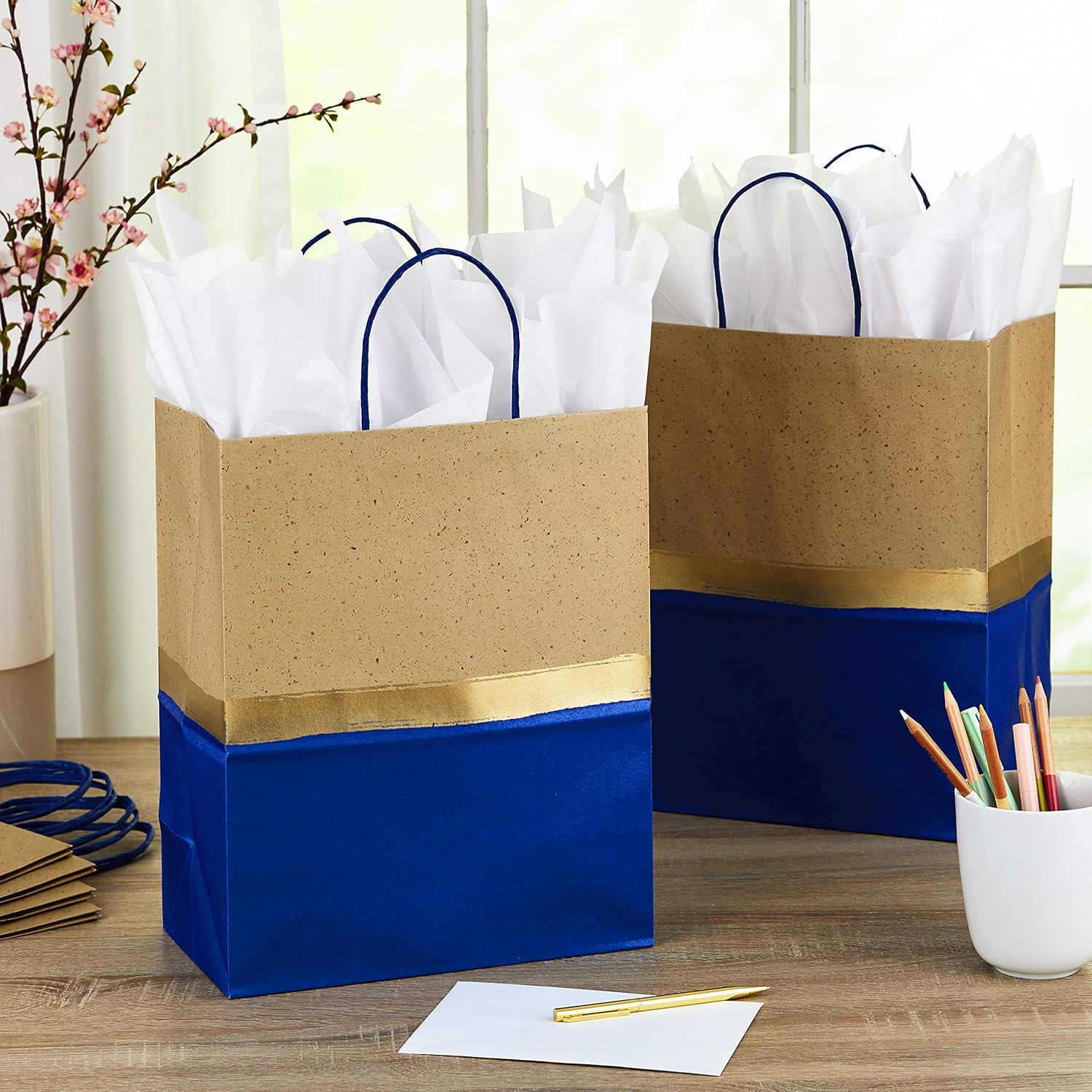 Hallmark 13" Large Paper Gift Bags (Pack of 6 - Blue & Kraft) for Hanukkah, Birthdays, Weddings, Graduations, Father's Day, Baby Showers, Bridal Showers - Image 2