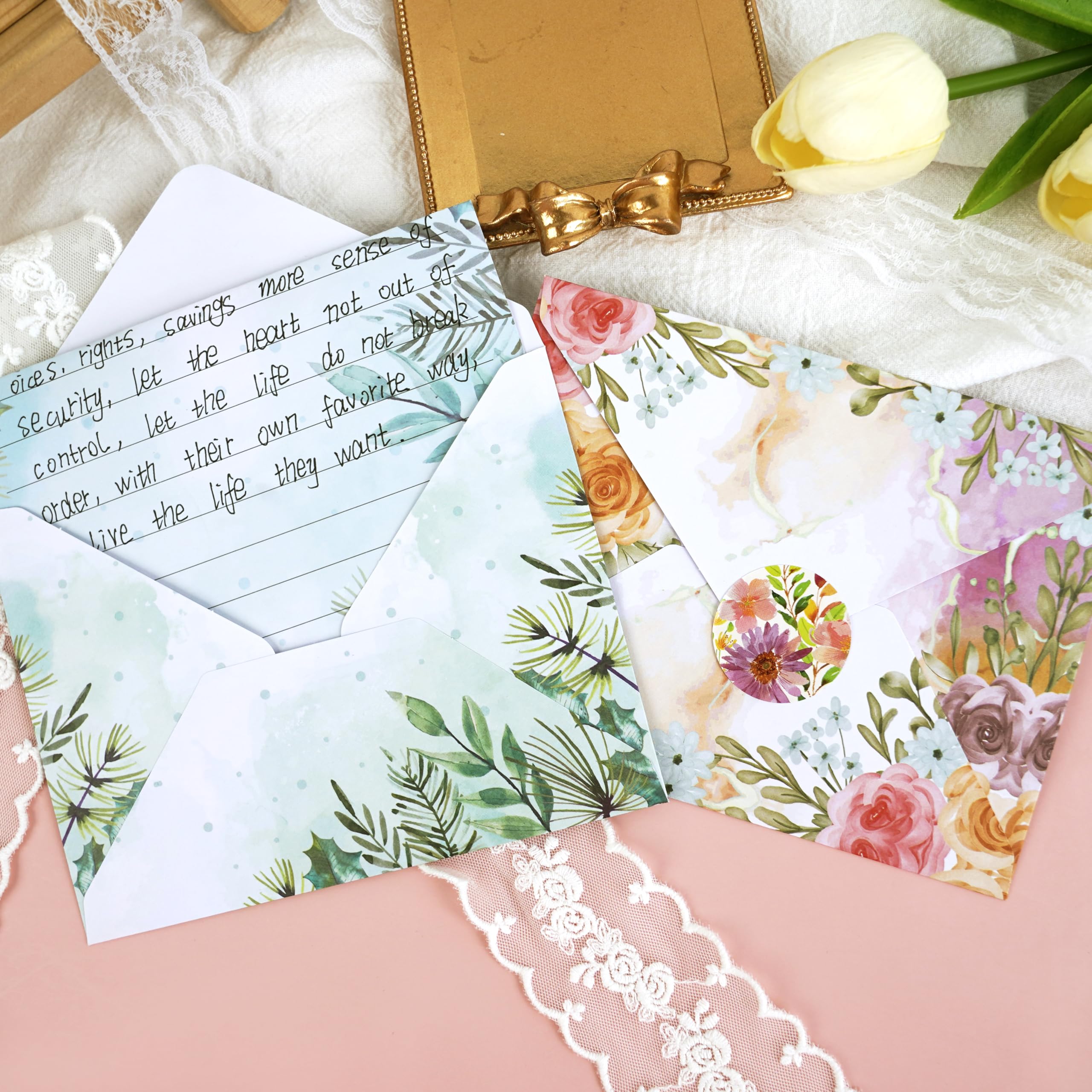 Briefpapier-Umschläge-Set, 160 Stück, 50 linierte Briefpapier, 50 Umschläge, 60 Punkt-Aufkleber, Vintage/Blumen/Blatt/Aquarell, verschiedene Stile (Schreibwaren, 160 Stück, Floral)