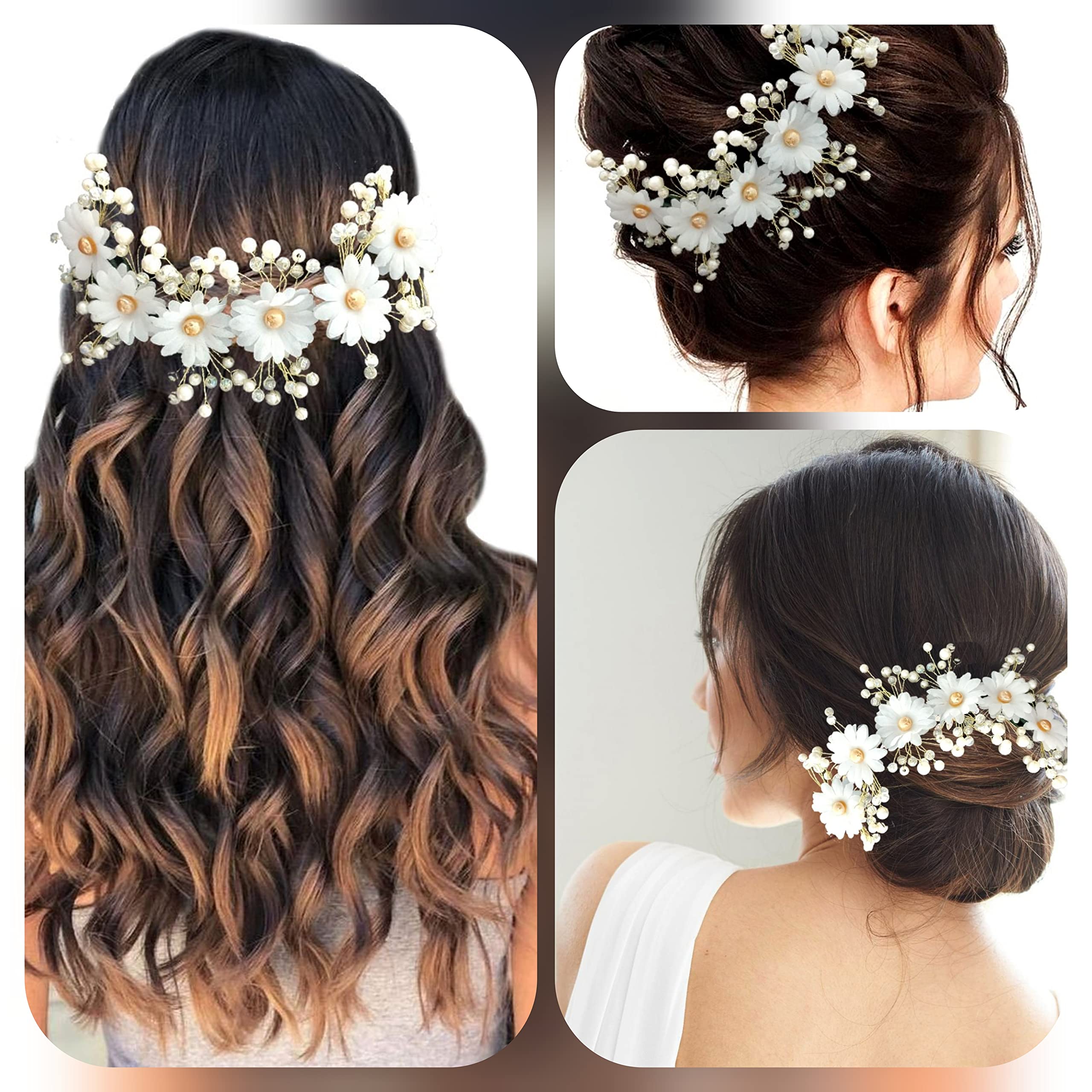 Hair Flare Artificial Round Shape Flowers with White Pearls Bridal Hair Pin, Hair Accessories for Women- 2439, White, Pack of 1 2