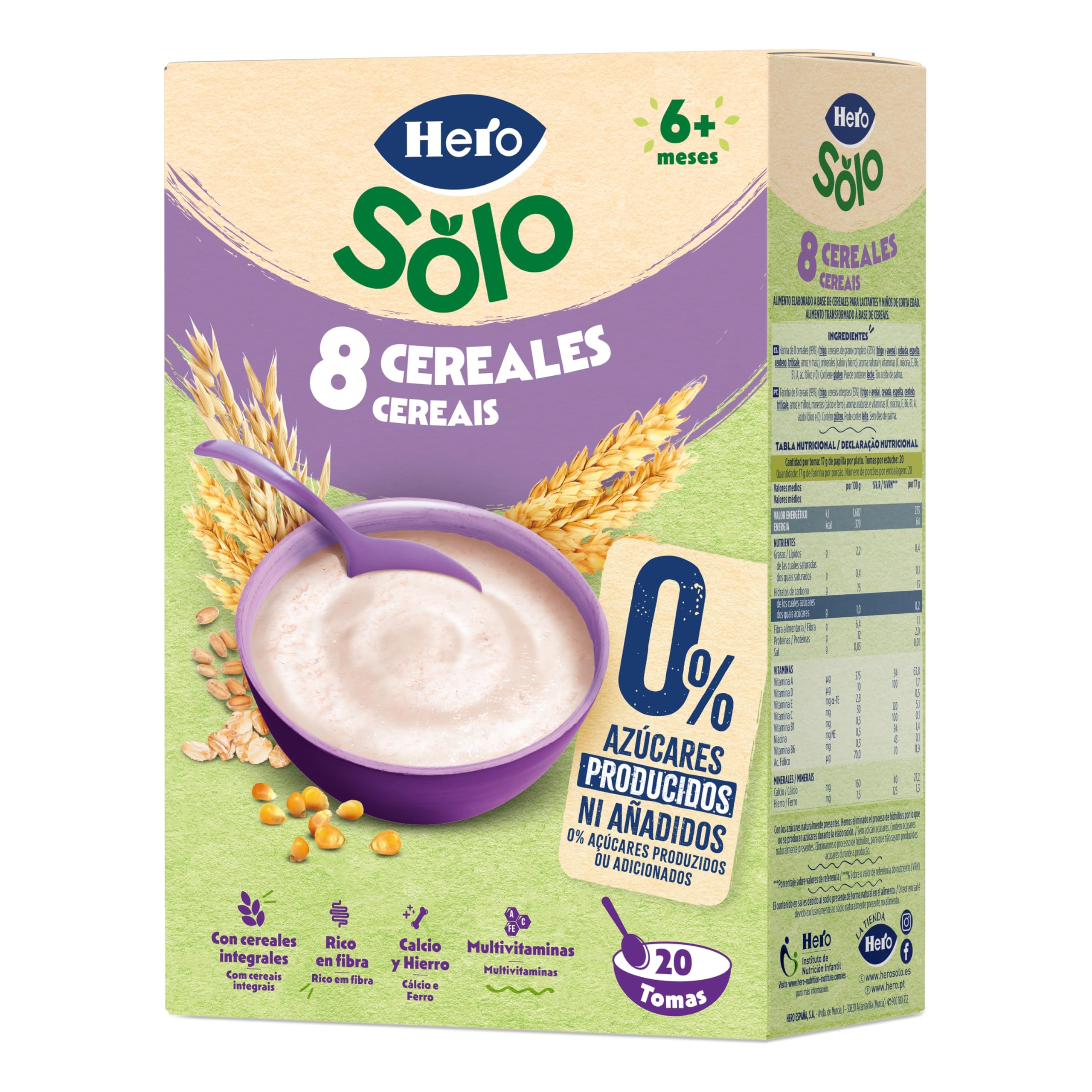 Hero Solo Papilla 8 Cereales Sin Azúcares Añadidos para Bebés a partir de 6 meses
