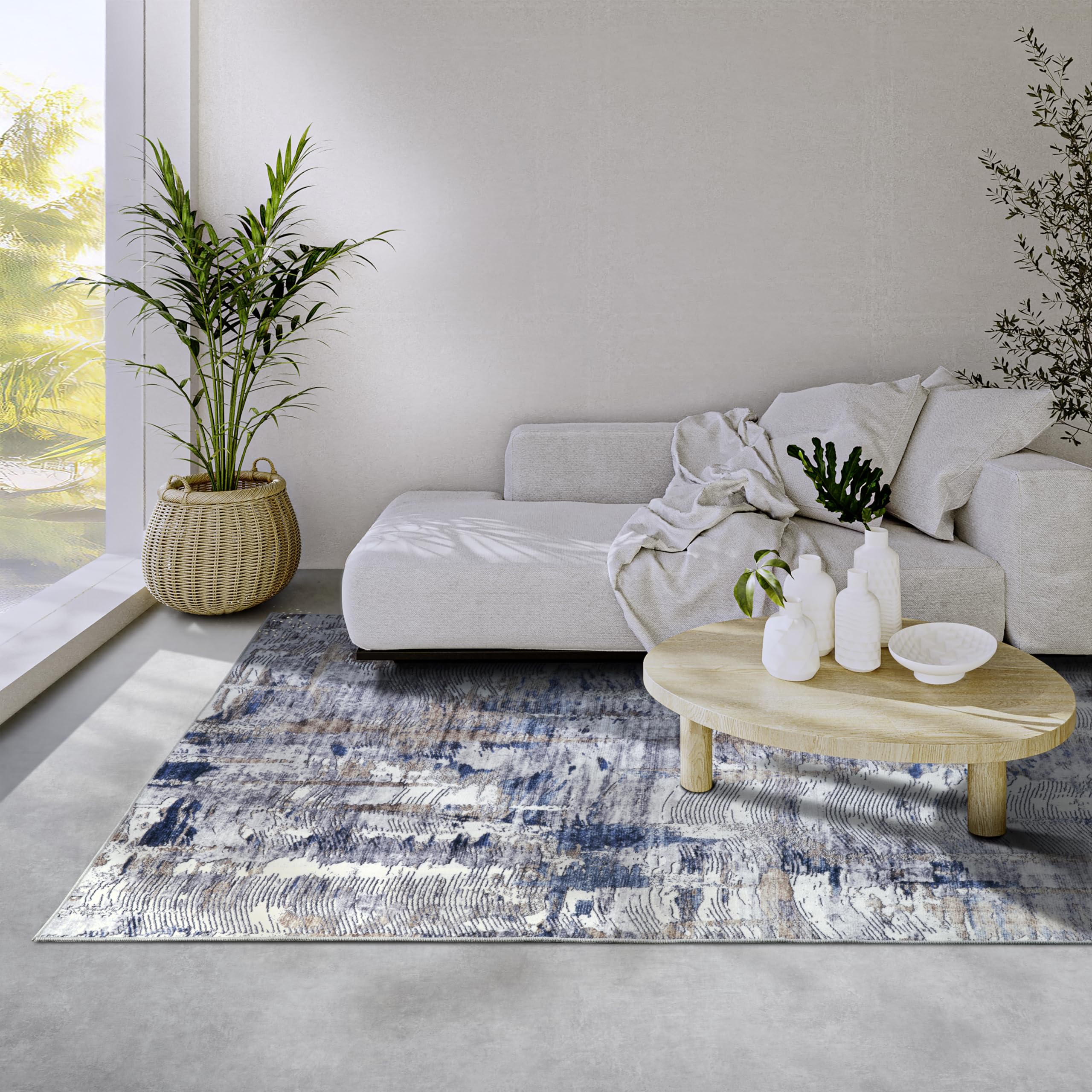 Tapis moderne pour chambre et salon Elle Decor bleu beige 80x150