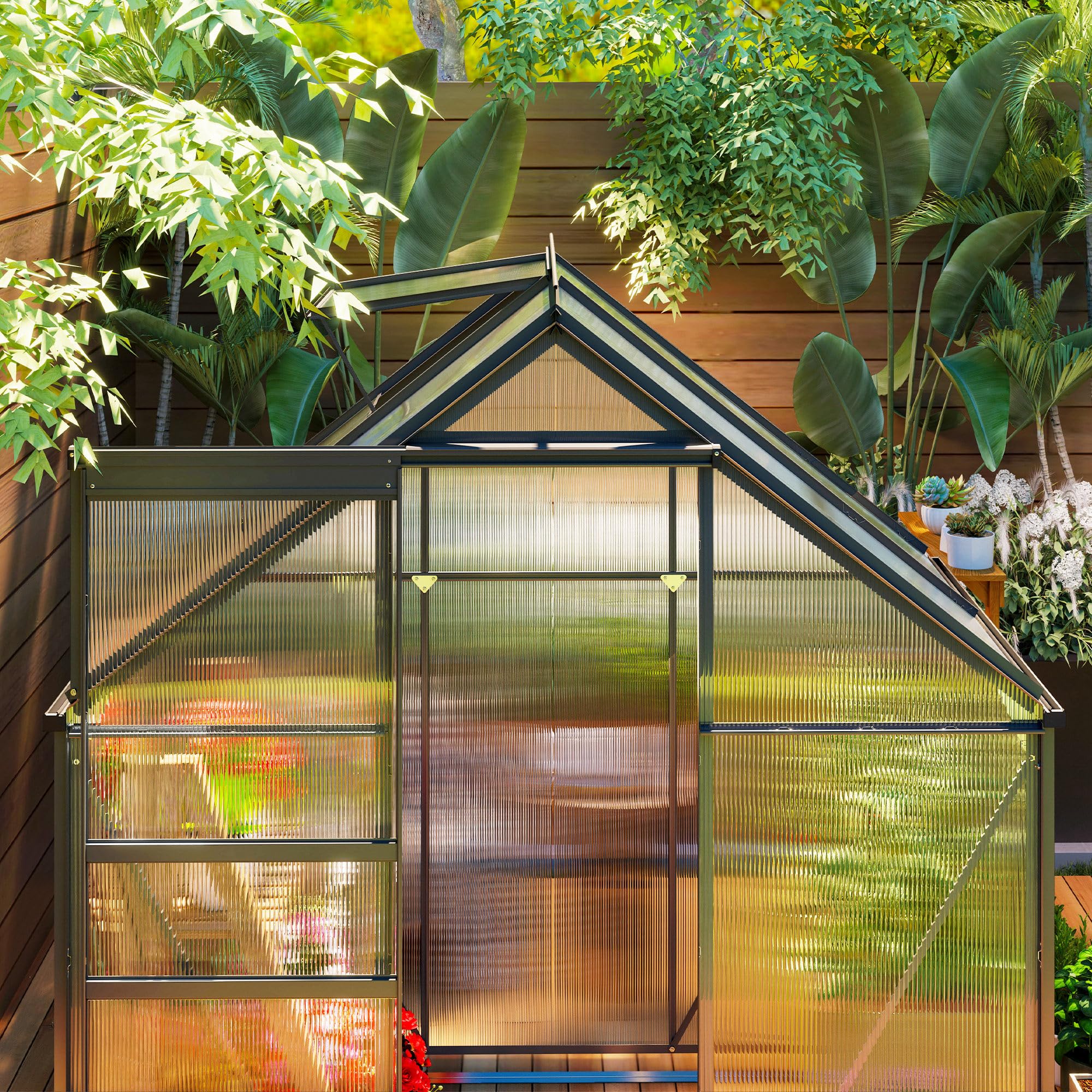 Outsunny Serre de jardin en polycarbonate avec cadre en alliage d'aluminium 2.5㎡, serre pour jardin avec fondation, gouttières, fenêtre de toit réglable, porte battante, pour plantes, anti-UV, gris