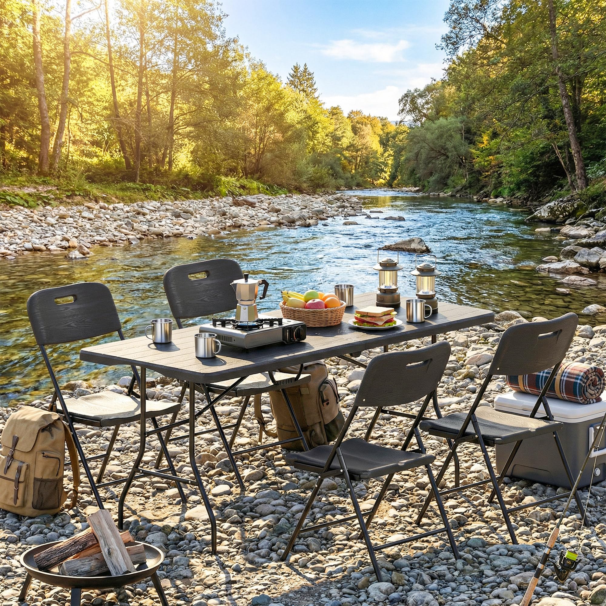 Outsunny Set Tavolo da Campeggio Pieghevole con 4 Sedie, HDPE Metall, Portatile per Picnic Esterno Giardino Nero