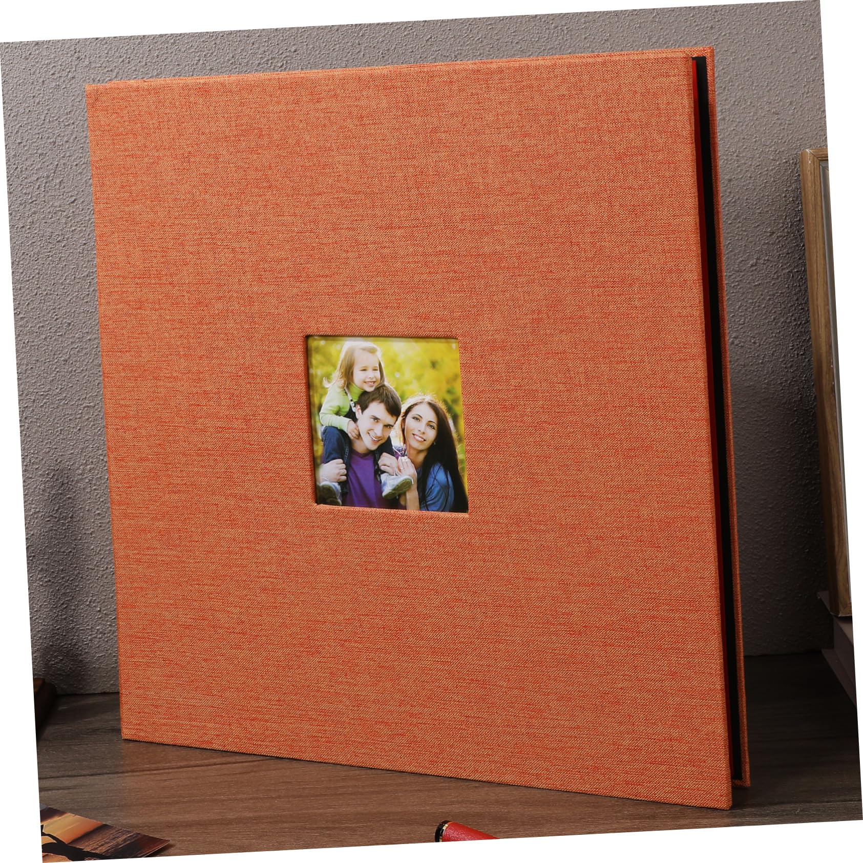 Leeres Fotoalbum mit Hardcover, Leineneinband und Sichtfenster | Orange, Blanke Seiten für Freie Layouts, Robust Verarbeitet für Erinnerungen