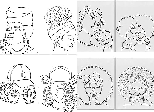 Paquete de 8 juegos de pintura afro Queen de 8 x 10 pulgadas, 1 kit de lienzo estirado predibujado, fiesta nocturna de niñas, sorbo y pintura para