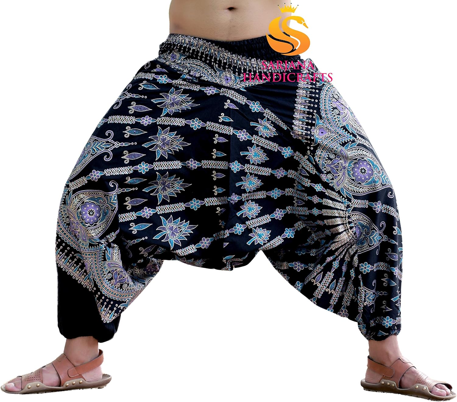 Sarjana Handicrafts Mens Womens Cotton Golden Printed Harem Pants Yoga Drop Crotch Trouser - Image 3
