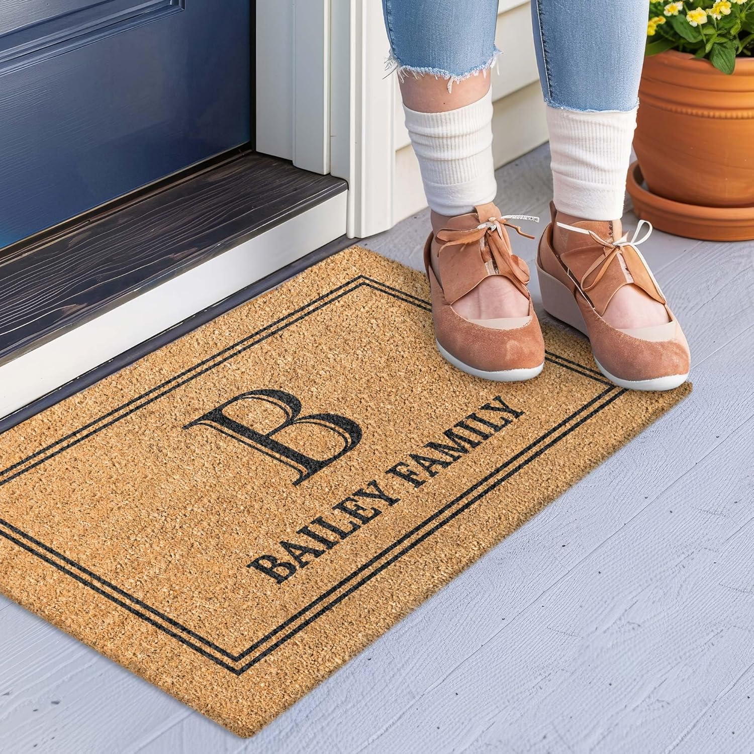 Custom Home Coir Doormat, Personalized Initial Family Name Front Door Mat Indoor/Outdoor Heavy Duty Backing, 24x16" Inches, Coir Material, Made in USA