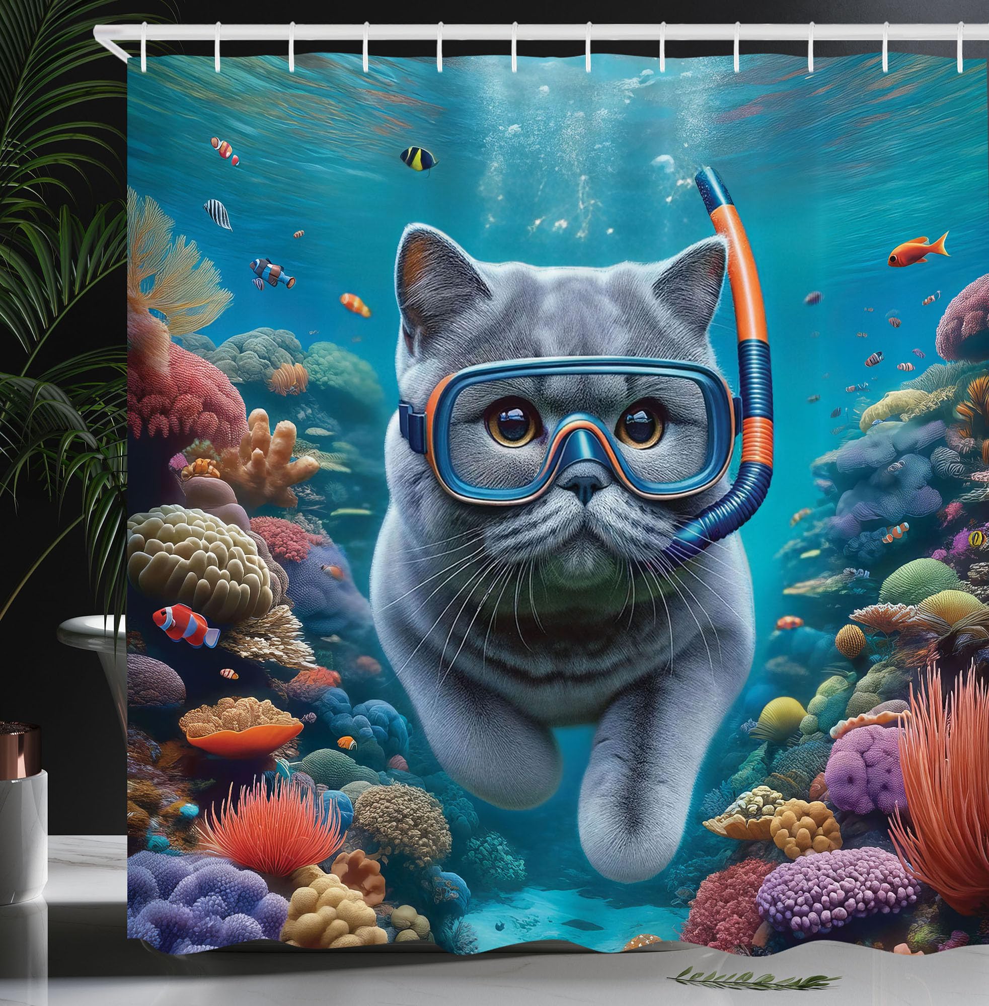 ABAKUHAUS Nautical Shower Curtain, Funny Surreal Image of a Grey Cat Diving in the Deep Ocean Colorful Reef, Cloth Fabric Bathroom Decor Set with Hooks, 86 Inches, Turquoise Multicolor — image 1