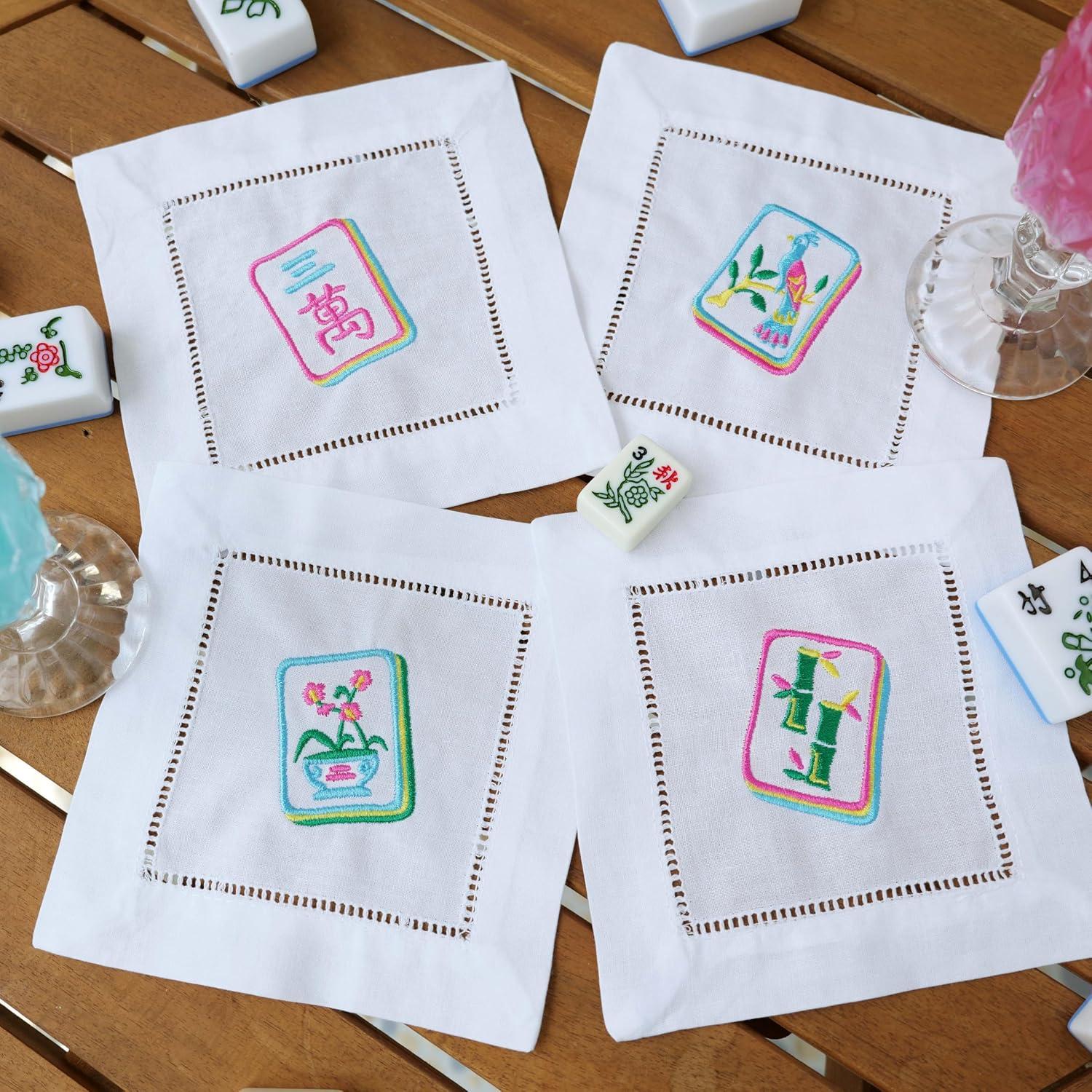 Mahjong Embroidered Cocktail Napkins 4 Pcs, 6 x 6 Inch Cotton White Reusable Cloth Napkins with Hemstitching, Coasters for Party Game Night Bridal Shower Bar Favor Table Decoration Gift