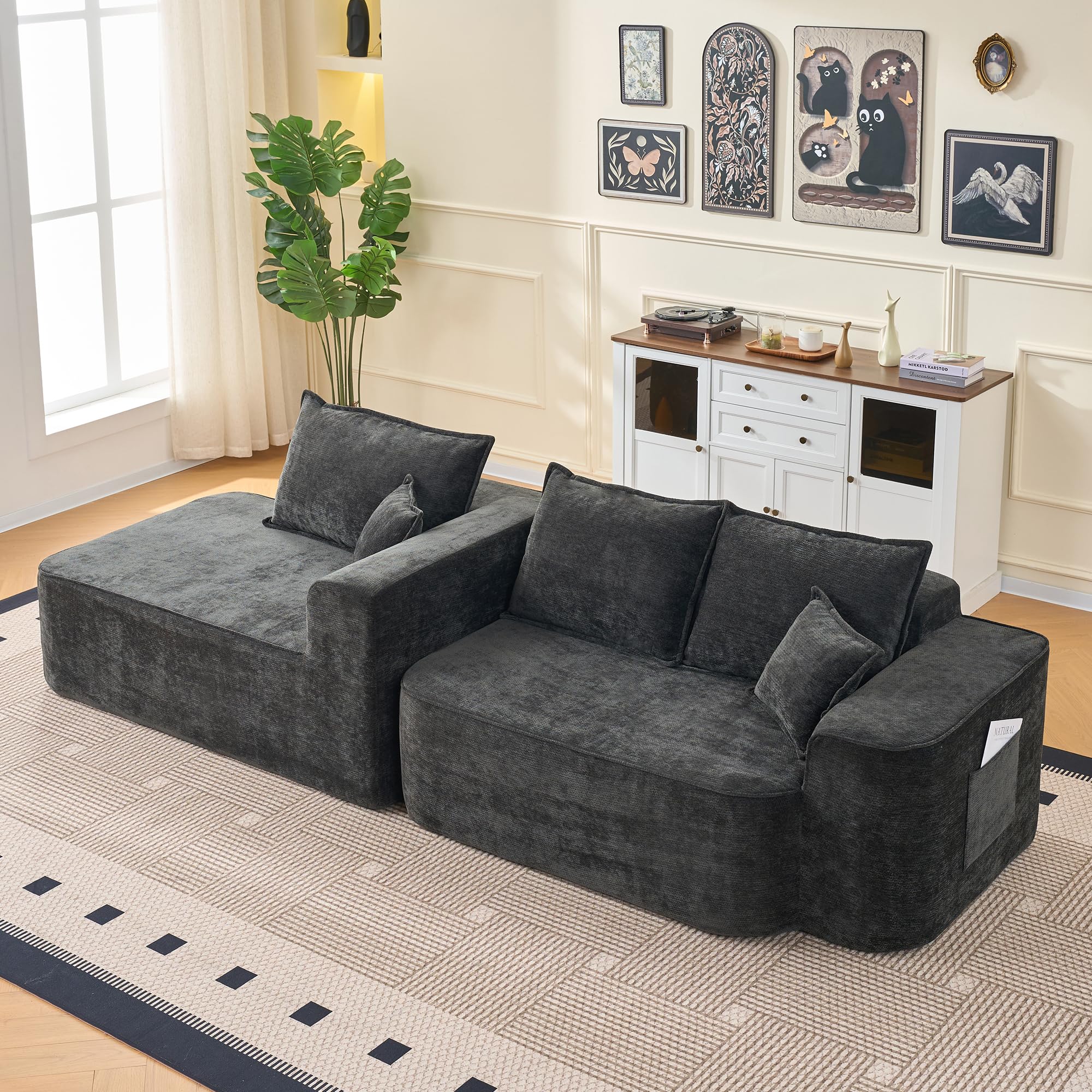 Bladez Canapé d'angle en forme de L avec méridienne, 262 cm, siège bas, XXL, modulable, sans montage, chenille noire, prêt à l'emploi (noir + 3 sièges, 262 x 144 x 65 cm)
