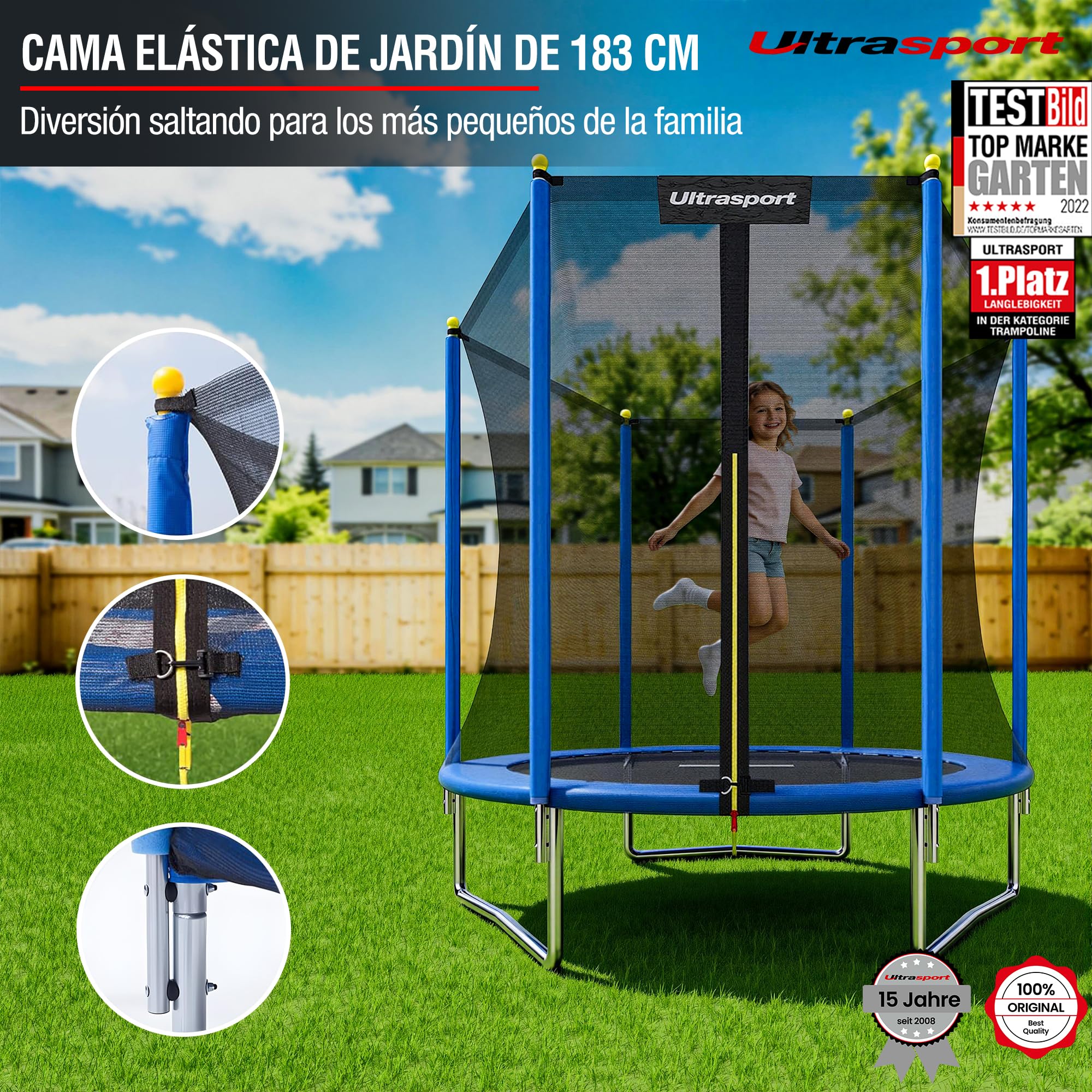 Ultrasport Uni-Jump Cama Elástica para Niños Exterior y Interior Ø 140/183 / 244/305 / 366/460 cm hasta 150 kg con Red de Seguridad, Acolchado y Kit de Montaje I Trampolines para Niños