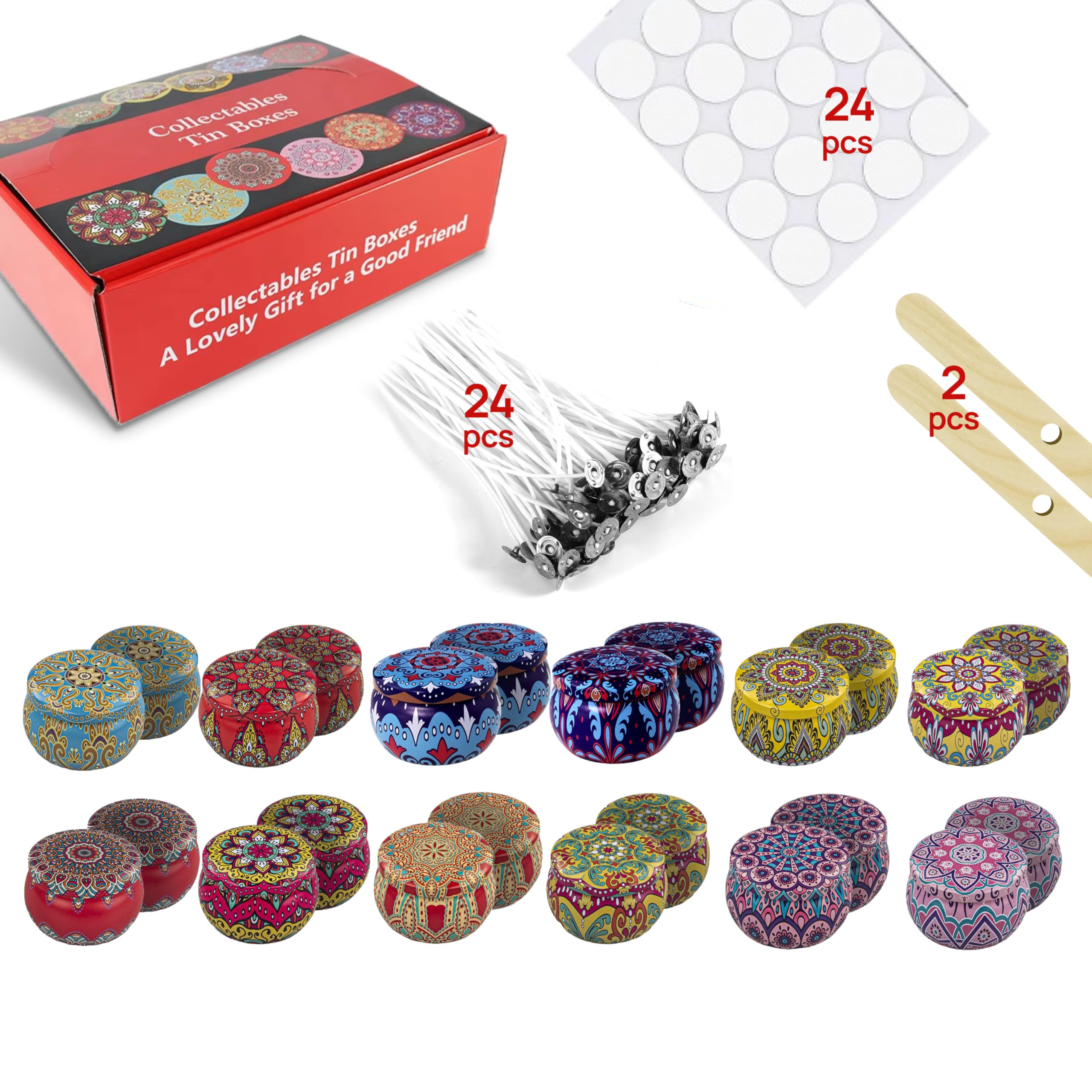 MENDELEEV STYLE Candle Tin 2.5 Oz Set 24 pcs Patterns Empty Candle Tins Candle Jars for Candle Making with Wicks, Wick Holders& Stickers + Beautiful Gift Wrap Box